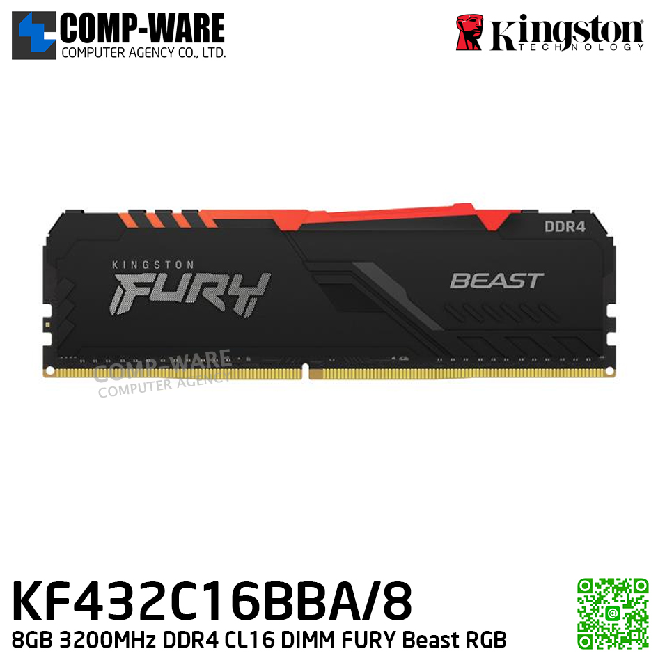 Kingston KF432C16BBA/8 8GB 3200MHz DDR4 CL16 DIMM FURY Beast RGB - Lifetime Warranty - Memory Module - RAM