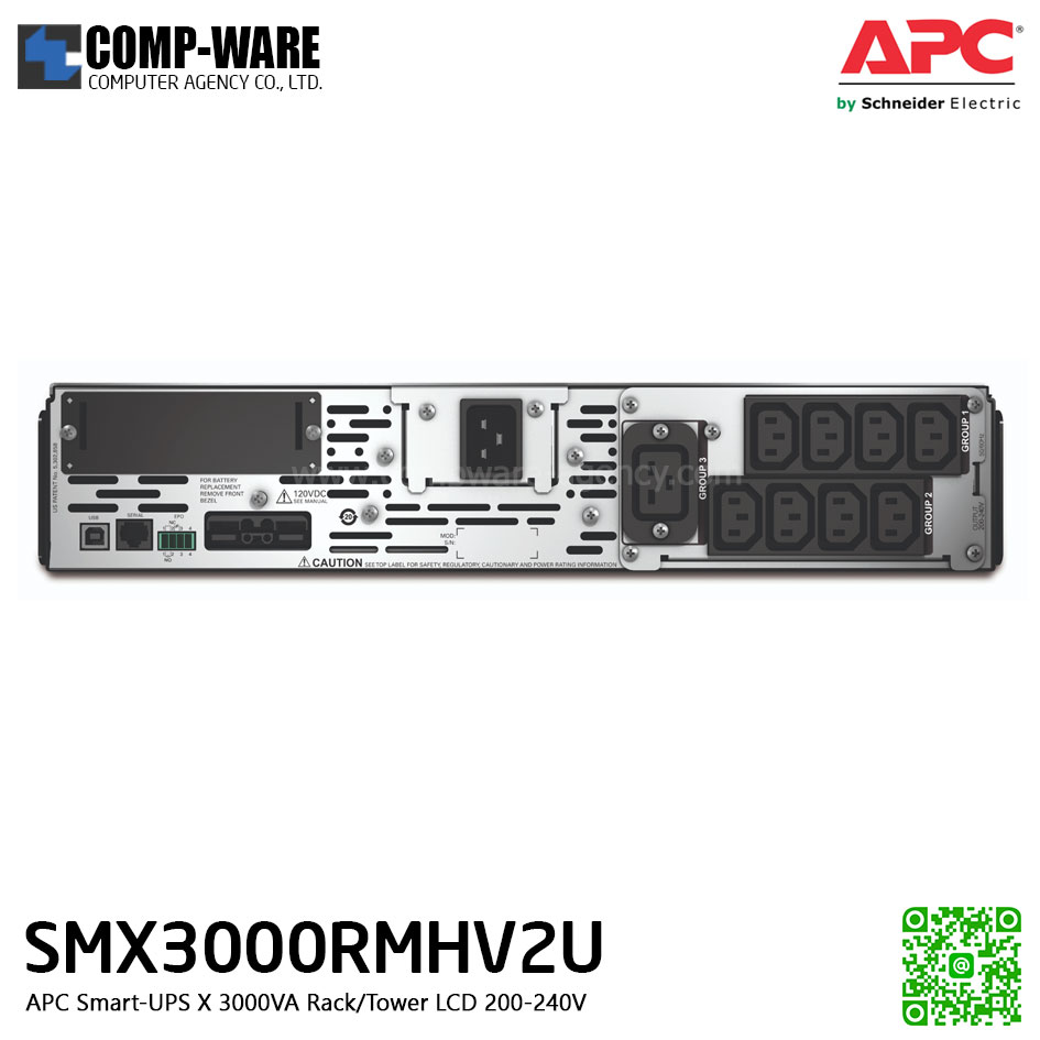 APC SMX Series Smart-UPS X 3000VA Rack/Tower convertible,LCD ,200-240V , SmartSlot สำหรับใส่ network card (Option) รองรับbattery pack สูงสุด 10 pack APC-SMX3000RMHV2U