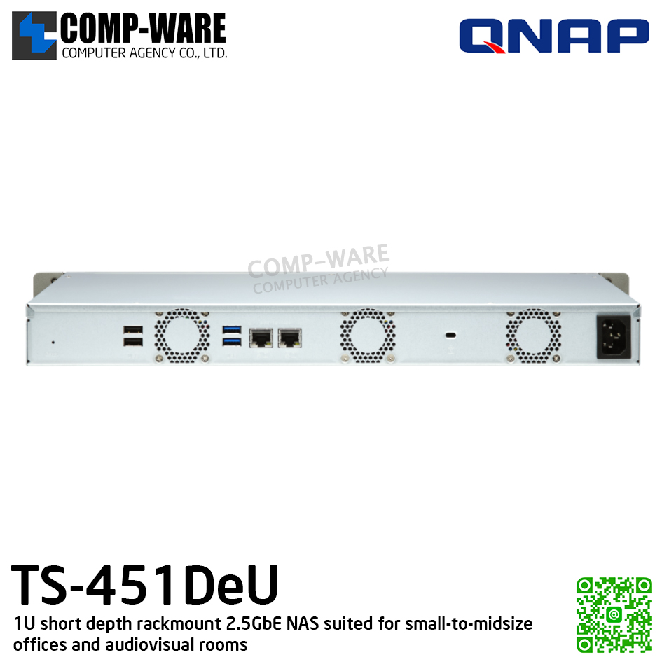 QNAP (1U 4-Bay) TS-451DeU-2G / Intel Celeron J4025 (2Core) / 2GB DDR4 SODIMM / 4 x 2.5"/3.5" SATA 6Gbps / 2 x 2.5GbE / Single PSU / 3Y Warranty / No HDD / No Rail Kit