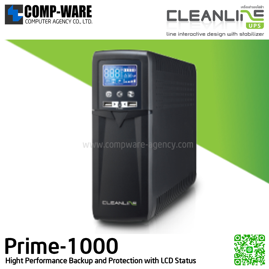 Cleanline UPS Prime Series (Tower) 1000VA / 600Watt Line Interactive With Stabilizer Design Prime-1000 / ** Price Excluded VAT **