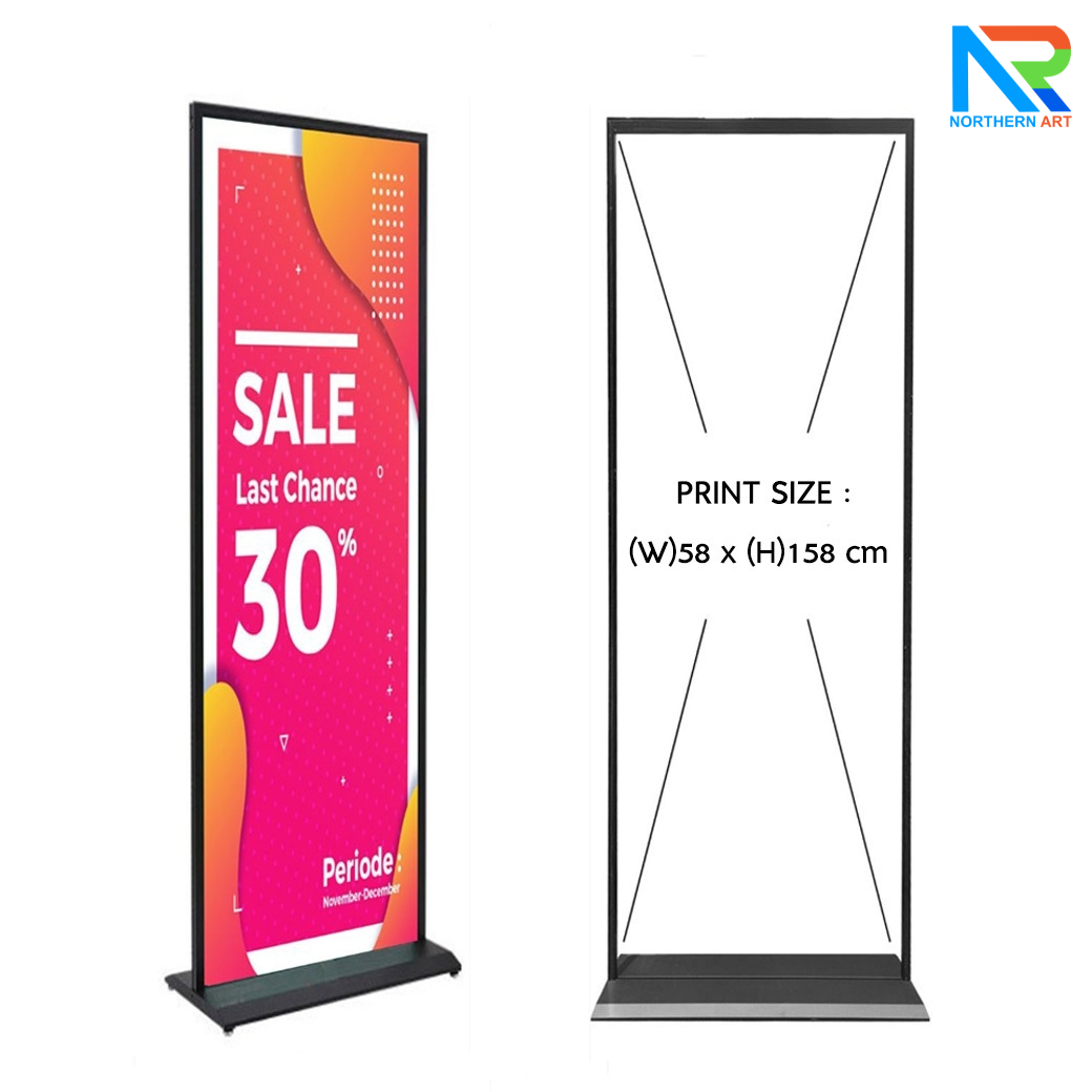 ป้ายตั้งพื้น ฐานเหล็กสีดำ ขนาด (W) 60 x (H) 160 cm. โชว์งานพิมพ์ 2 ด้าน ถอดประกอบได้ เคลื่อนย้ายสะดวก