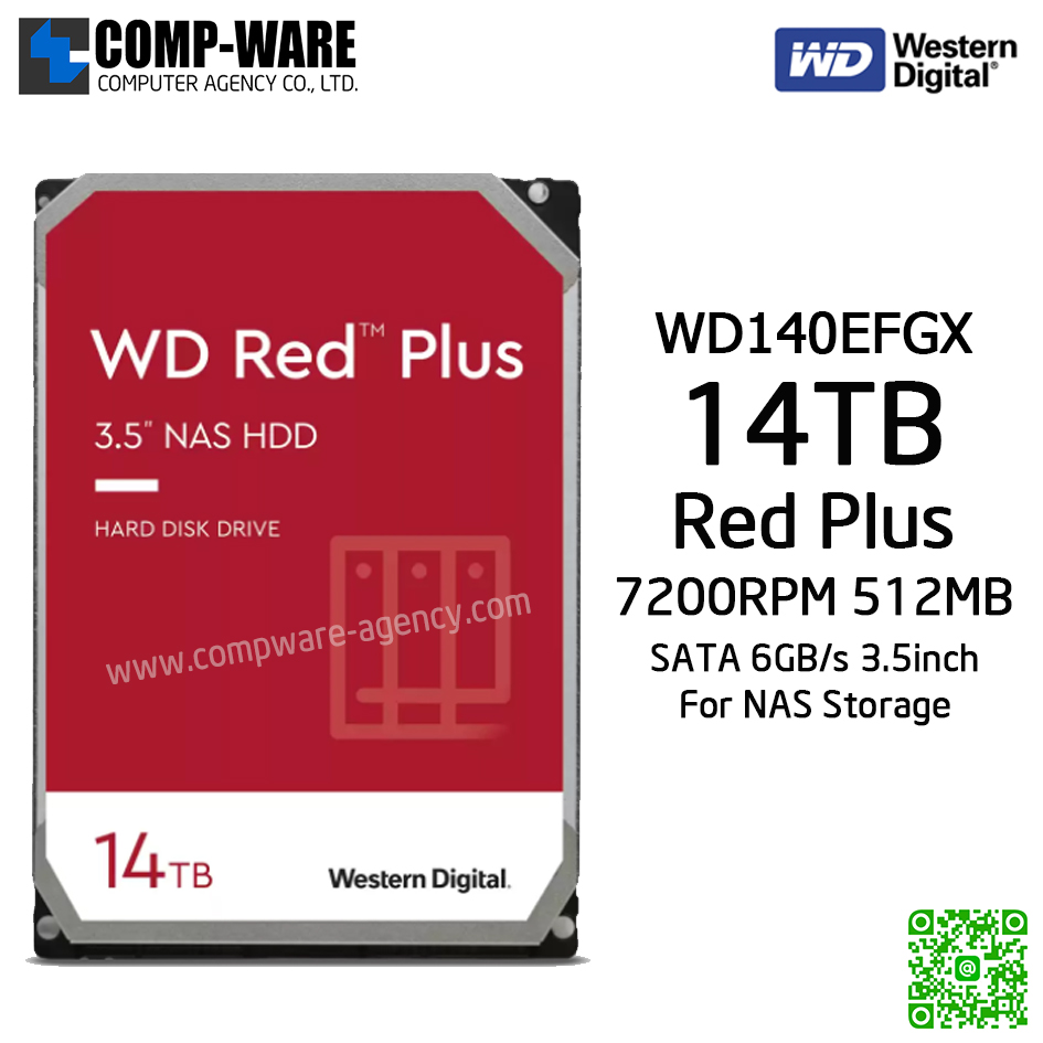 WD Red Plus 14TB NAS Hard Disk Drive - 7200RPM SATA 6Gb/s 512MB Cache 3.5Inch - WD140EFGX รับประกัน 3ปี