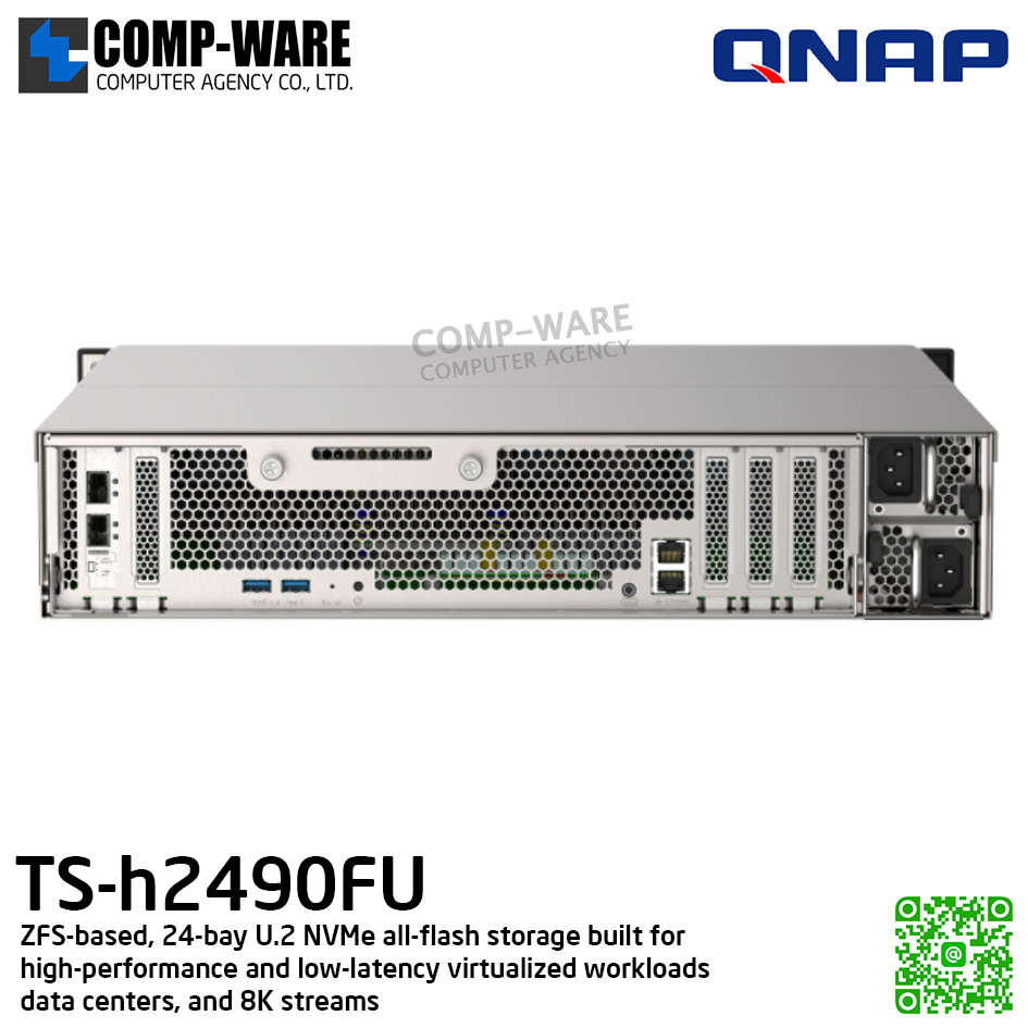 QNAP (2U 24-Bay) TS-h2490FU-7232P-64G / AMD EPYC 7232P (8C/16T) / 64GB DDR4 / 24 x 2.5" NVMe Gen3 x4 U.2 SSD / 2 x 25GbE SFP28, 2 x 2.5GbE / Redundant PSU / 5Y Warranty / No HDD / Rail Kit RAIL-A03-57