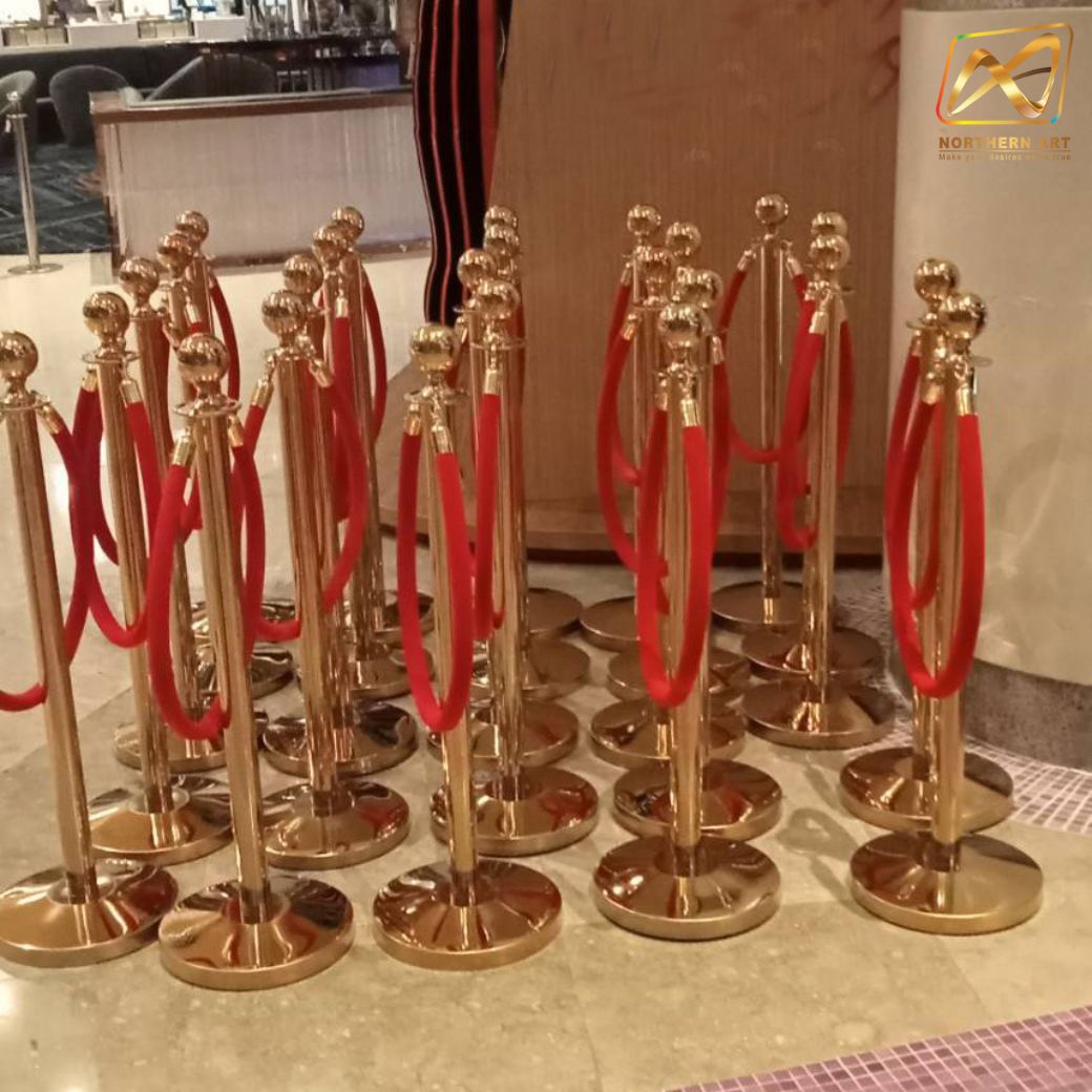 เช่าเสากั้นบริเขต สแตนเลสหัวกลมสีทอง พร้อมสายผ้าคล้อง สีแดง ดำ เทา เหลือง เขียว น้ำเงิน ม่วง ชมพู ขาว ส้ม ( ราคาต่อเสา )