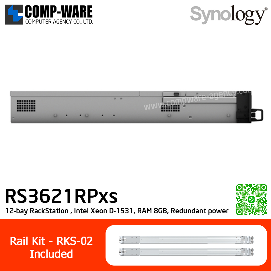 Synology RackStation (2U 12-Bay) RS3621RPxs / Intel Xeon D-1531 6-Core / 8GB ECC UDIMM (Max.64GB) / 4x1GbE Base T / Redundant power / Rail Kit RKS-02 / 5Y Warranty / No HDD