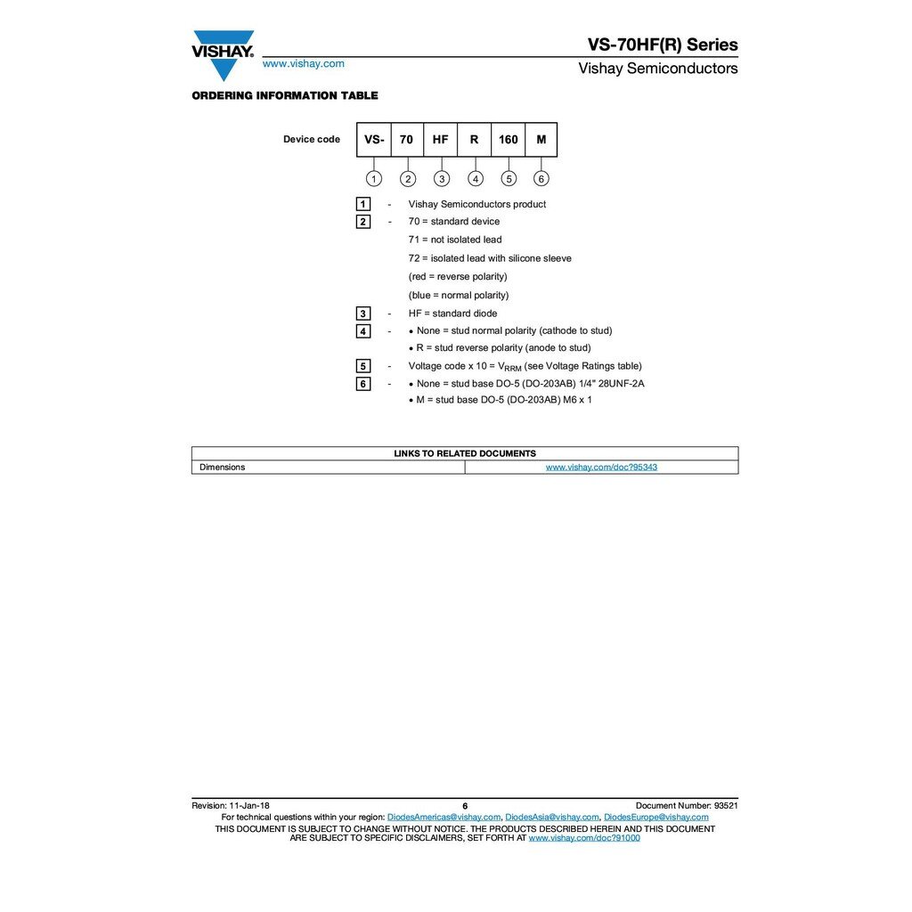 ไดโอด DIODE STANDARD 70A,1600V | 70HFR160 Vishay Semiconductors | IR70HFR160