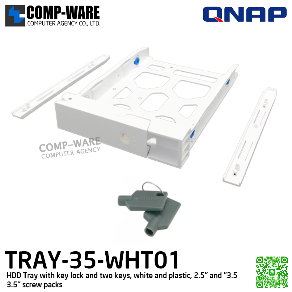 QNAP TRAY-35-WHT01 3.5" HDD Tray with key lock and two keys, white and plastic, 2.5" and 3.5" screw packs included. - Spare Part - 1Y Warranty