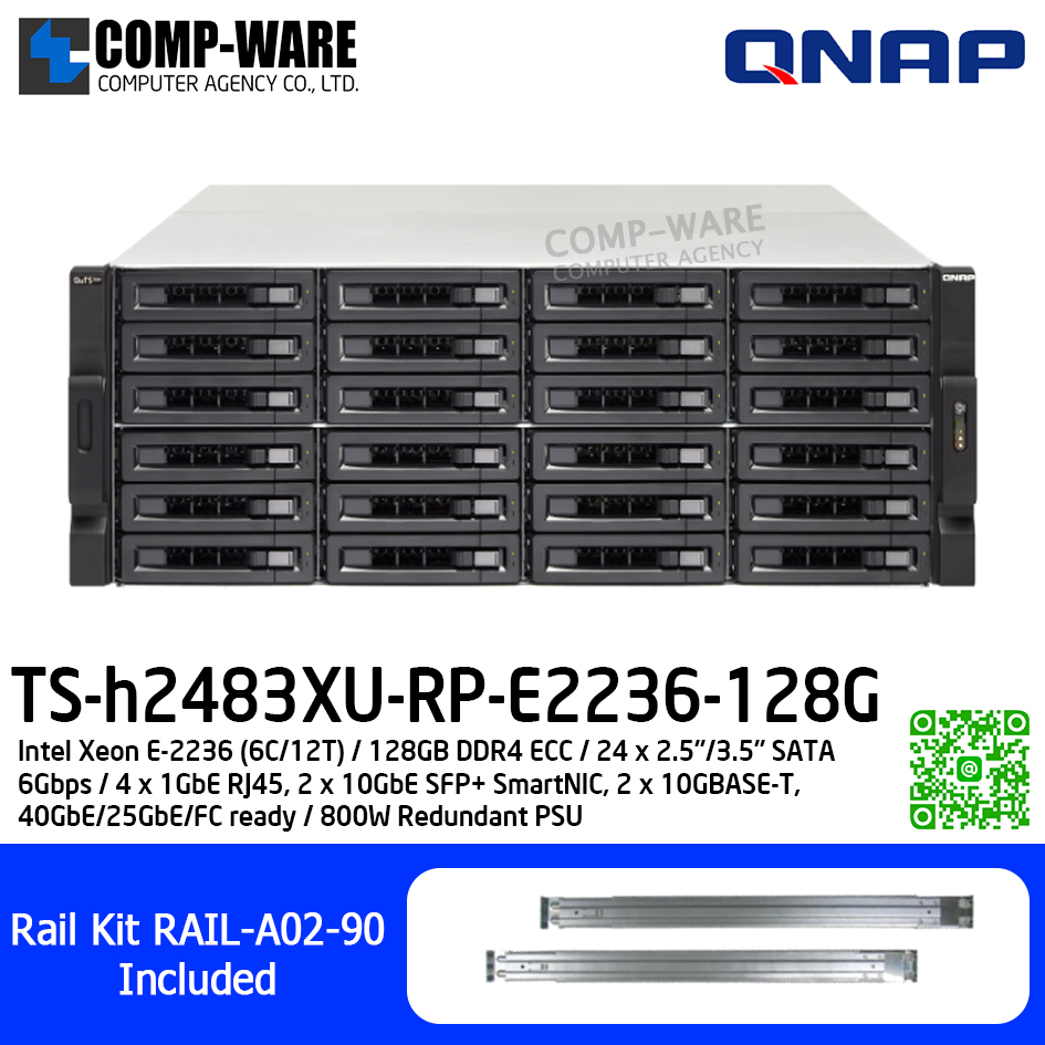 QNAP (4U 24-Bay) TS-h2483XU-RP-E2236-128G / Intel Xeon E-2236 (6C/12T) / 128GB DDR4 ECC / 24 x 2.5"/3.5" SATA 6Gbps / 4 x 1GbE RJ45, 2 x 10GbE SFP+ SmartNIC, 2 x 10GBASE-T, 40GbE/25GbE/FC / Redundant PSU / 3Y Warranty / No HDD / RAIL-A02-90