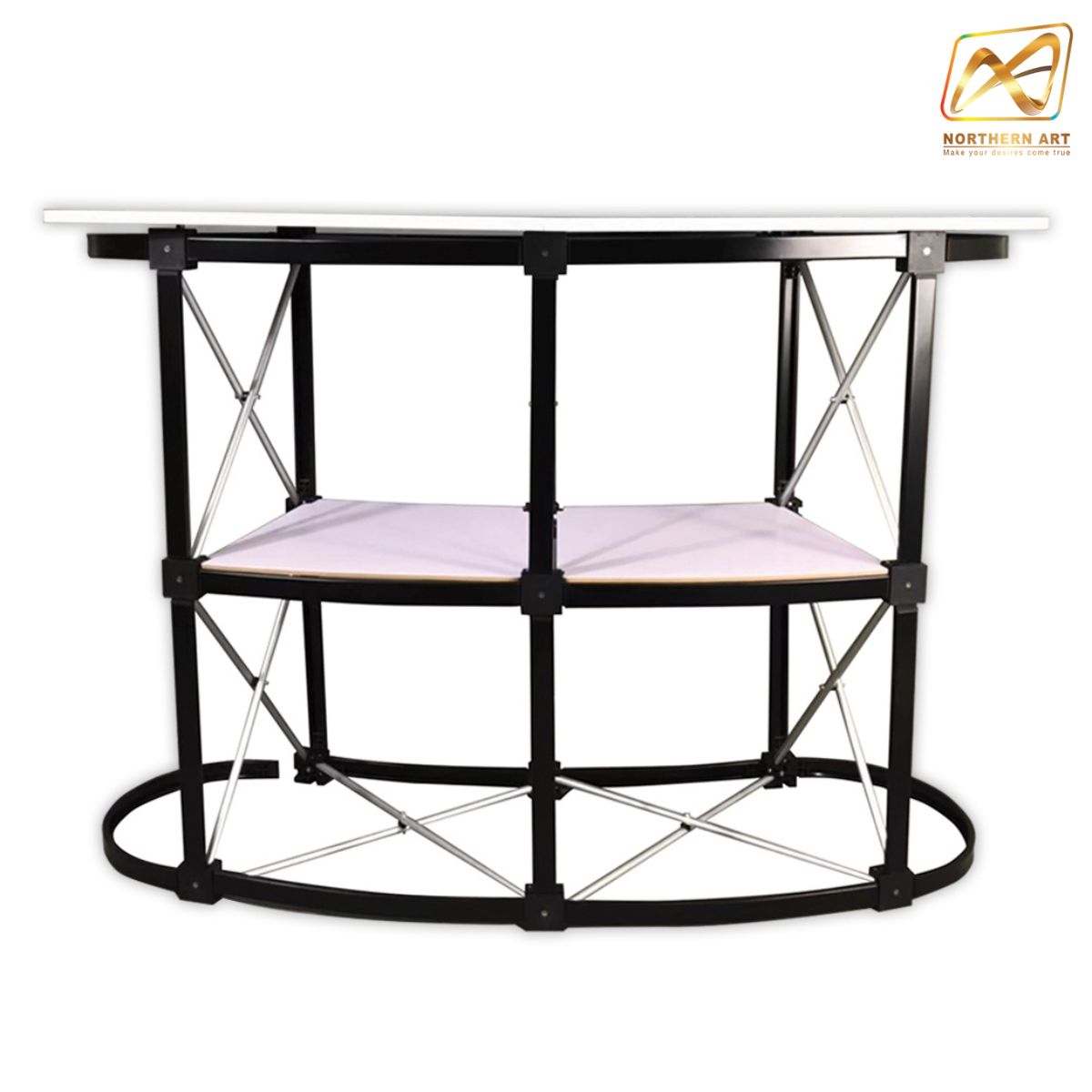 เคาน์เตอร์สำเร็จรูป รุ่นโค้ง TOPสีขาว มีช้นวาง ขนาด (W)133 x (D)39 x (H) 90 cm.โครงอะลูมิเนียม พับเก็บได้ เคลื่อนย้ายสะดวก