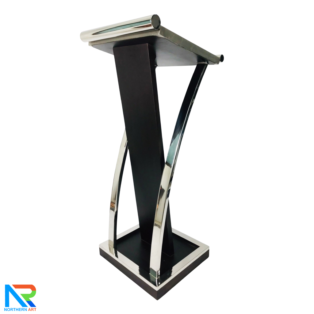 โพเดียมไม้จริง สีดำ PD-01 ขนาด (W) 48x (L) 51 (H) 120 cm Top หุ้มสแตนเลส เกรด 304 แข็งแรงทนทาน พร้อมจัดส่งทั่วไทย