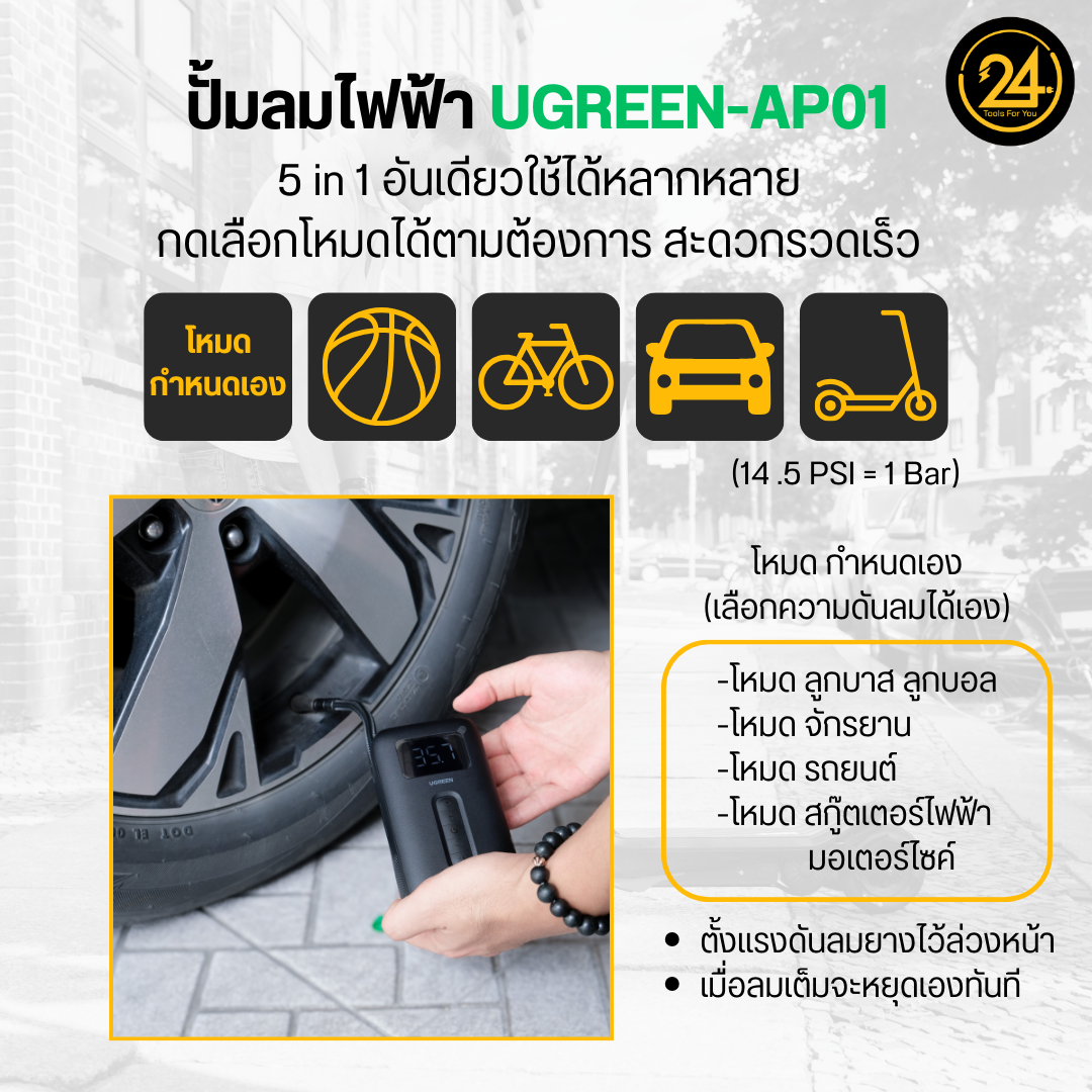 Ugreen AP01 ปั้มลมไฟฟ้าพกพา เติมลมยางสกู๊ตเตอร์ไฟฟ้า รถยนต์ มอเตอร์ไซค์ Ari Pump Ugreen-AP01