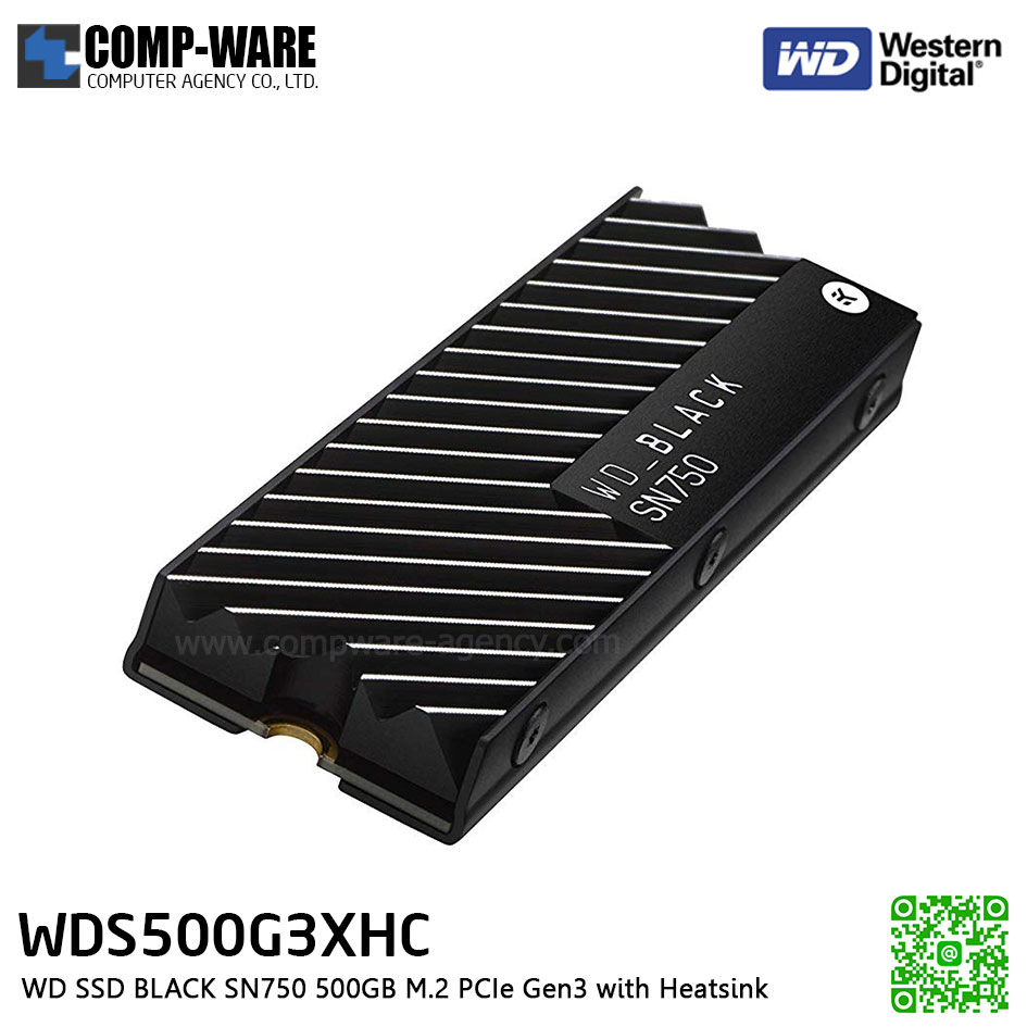 WD SSD BLACK SN750 500GB M.2 PCIe Gen3 with Heatsink ,READ 3470 MB/S , WRITE 2600 MB/S - WDS500G3XHC