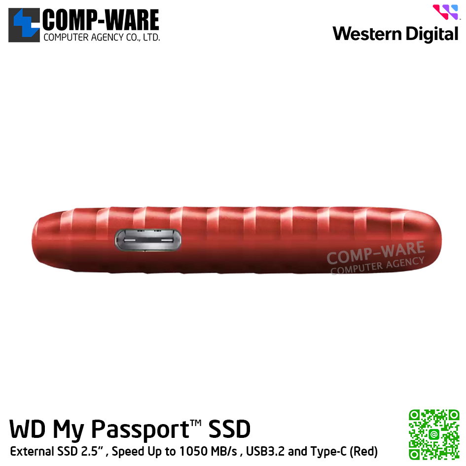 WD 1TB My Passport SSD External SSD 2.5" , Speed Up to 1050 MB/s , USB3.2 and Type-C (Red) WDBAGF0010BRD-WESN รับประกัน 3 ปี