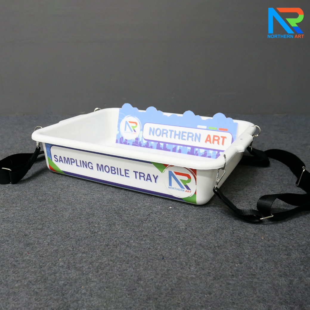 SAMPLING MOBILE TRAY ถาดแจกเคลื่อนที่ ขนาด (W)52 x (D)38 x (H)11 cm. ถาดพลาสติกสีขาวพร้อมสายคล้อง
