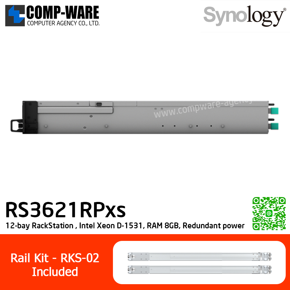 Synology RackStation (2U 12-Bay) RS3621RPxs / Intel Xeon D-1531 6-Core / 8GB ECC UDIMM (Max.64GB) / 4x1GbE Base T / Redundant power / Rail Kit RKS-02 / 5Y Warranty / No HDD