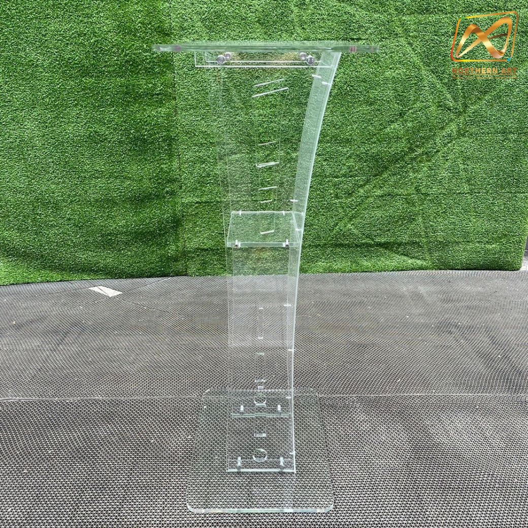 โพเดียมอะคริลิคใส รุ่น AC-11 ด้านหน้าอะคริลิคฝ้า TOP ตรง ขนาด (W)47 x (L)37 x (H)100.5 cm.