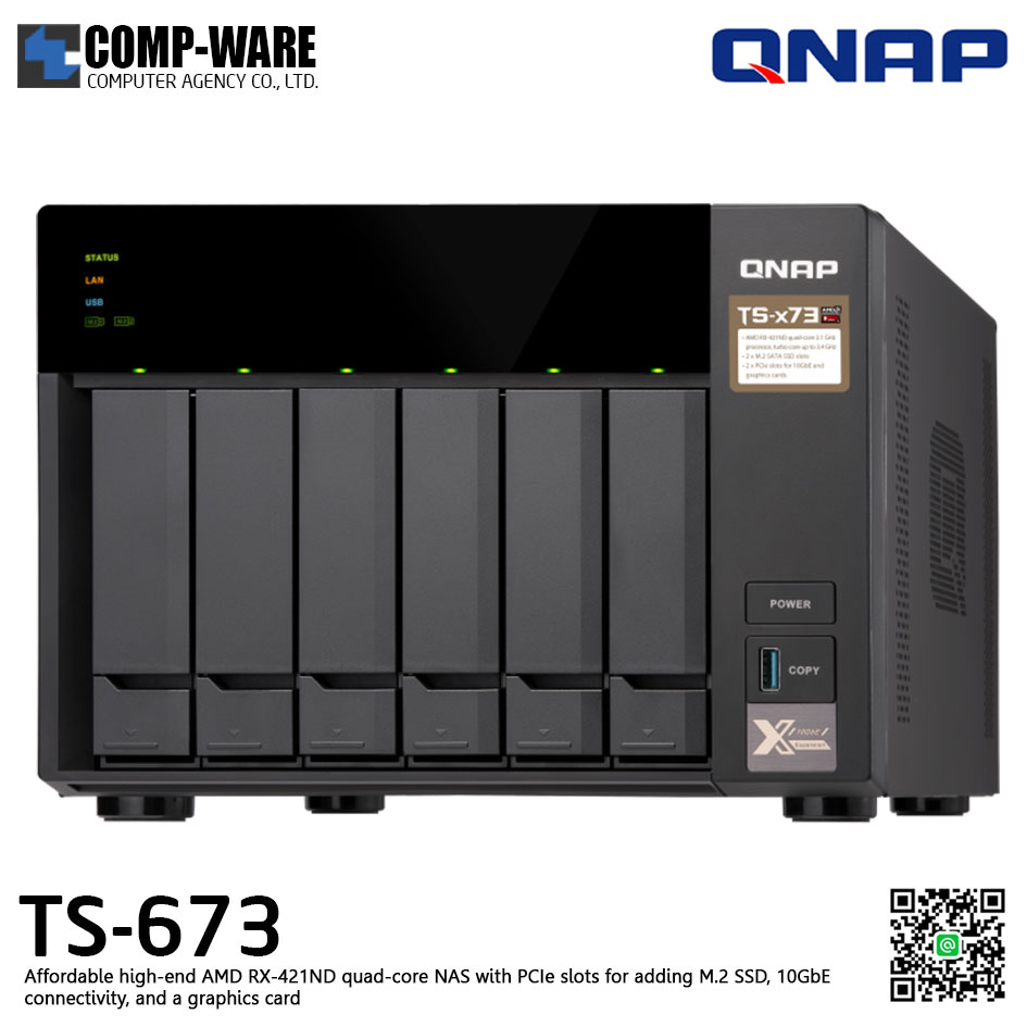 QNAP NAS (6-Bay) TS-673 (8GB RAM up to 64GB) AMD R series RX-421ND M.2 Dual-Slot Support No HDD
