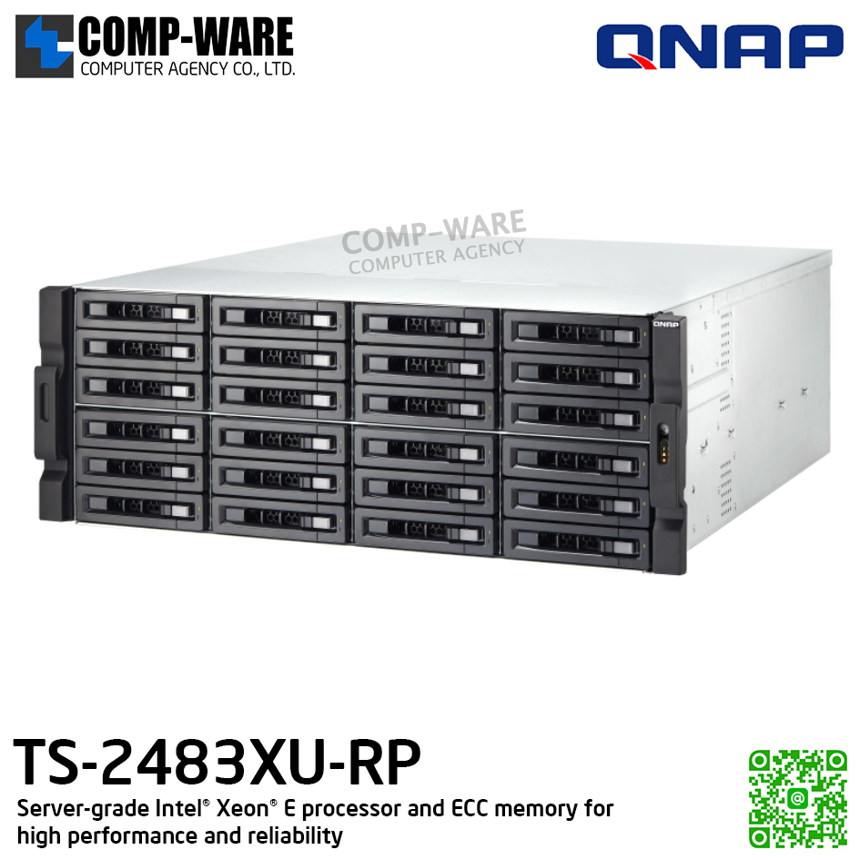 QNAP (4U 24-Bay) TS-2483XU-RP-E2136-16G / Intel Xeon E-2136 (6C/12T) / 16GB DDR4 ECC / 24 x 2.5"/3.5" SATA 6Gbps / 4 GigaLan, 2 x 10GbE SFP+ SmartNIC / 800W Redundant PSU / 3Y Warranty / No HDD / Rail Kit RAIL-A02-90