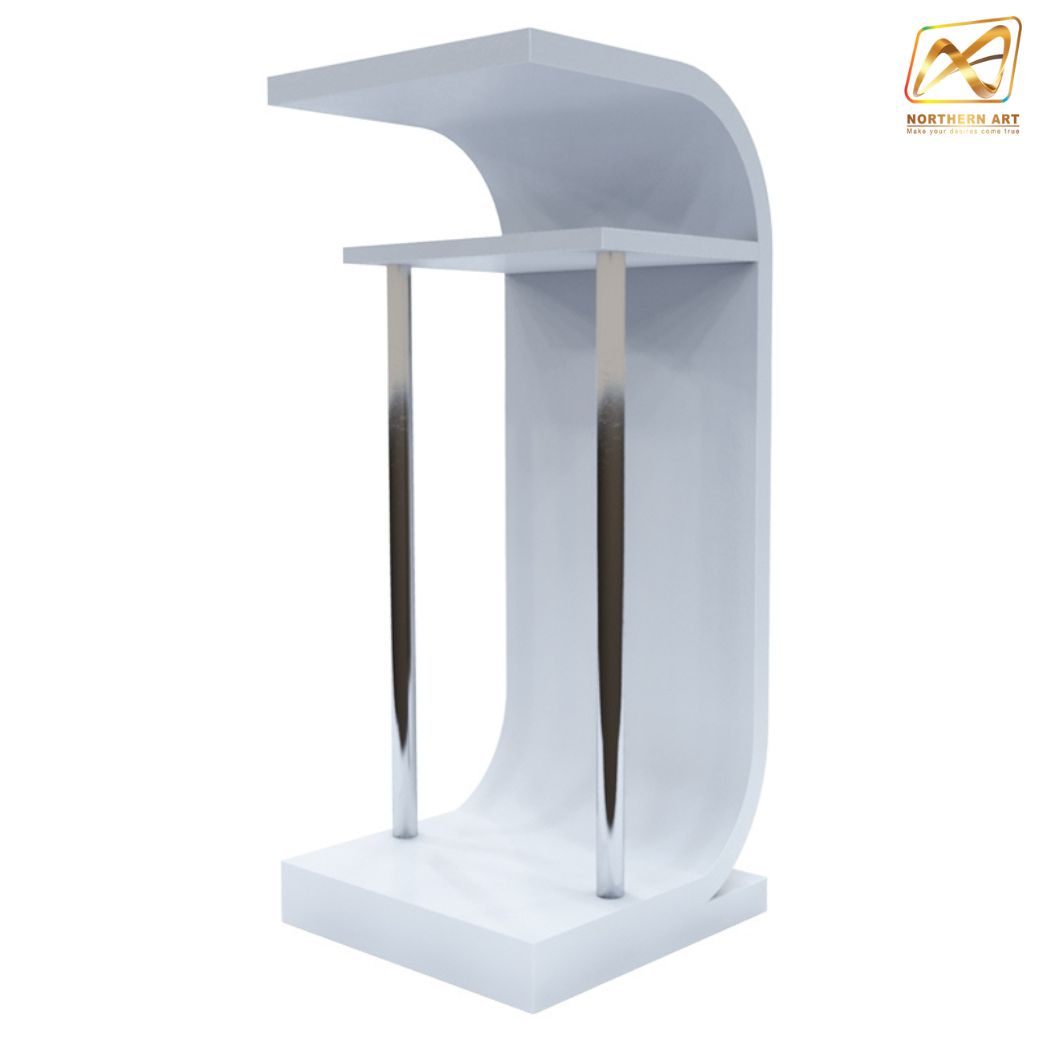 โพเดียมไม้ สีขาว (W) 50 x (L) 50 x (H) 115 cm.พร้อมเสาสแตนเลสคู่ ชั้นวางของ