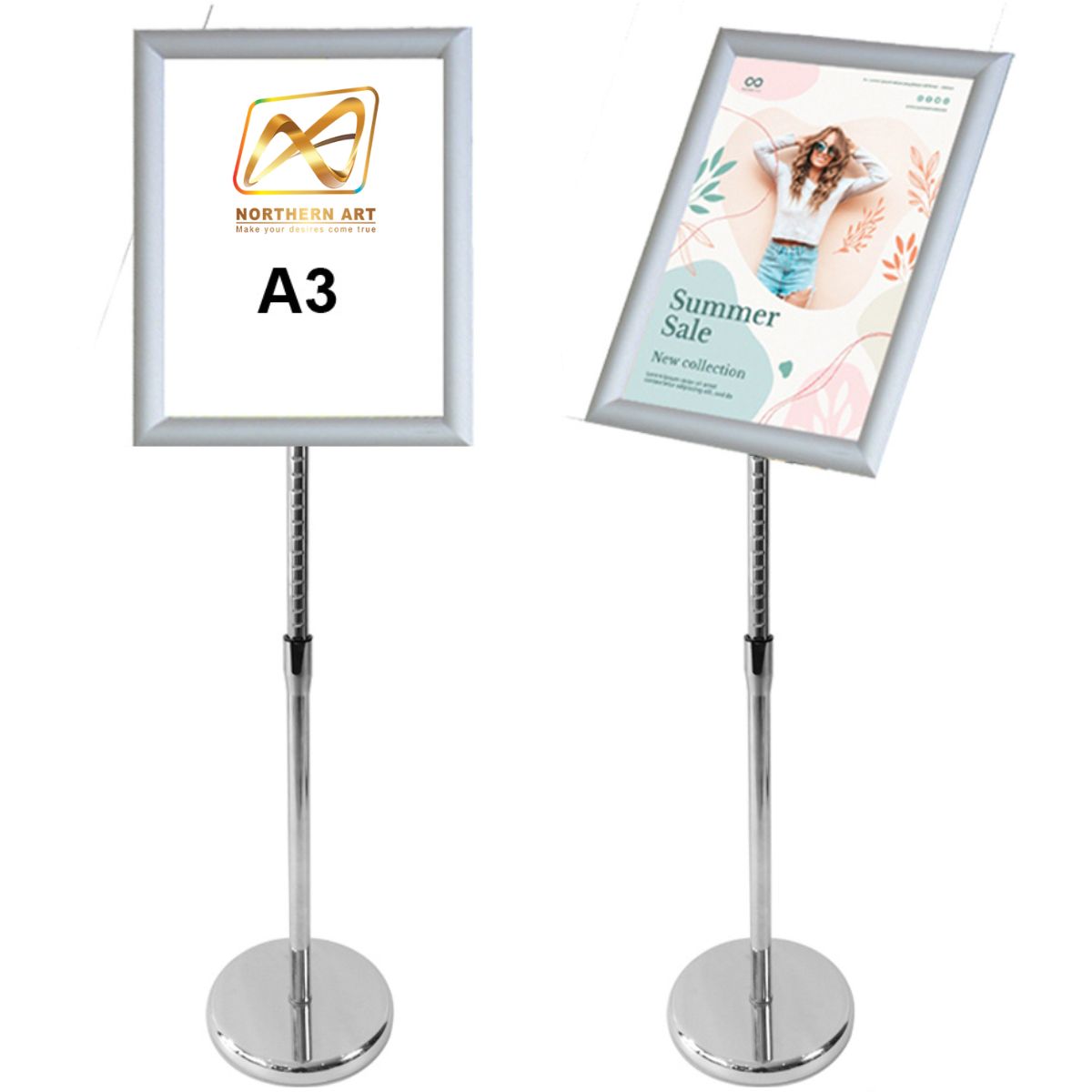 เช่าโปสเตอร์สแตนด์ A3 ปรับแนวตั้ง-แนวนอนได้ ขอบเฟรมอะลูมิเนียม เปิดออกได้ทั้ง4ด้าน ฐานเสริมแผ่นยางเพื่อถ่วงน้ำหนัก