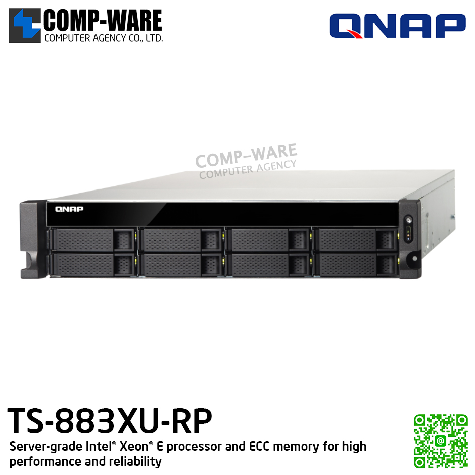 QNAP (2U 8-Bay) TS-883XU-RP-E2124-8G / Intel Xeon E-2124 (8Core) / 8GB UDIMM DDR4 ECC (2 x 4GB) / 8 x 2.5"/3.5" SATA 6Gbps / 4 x GigaLan, 2 x 10GbE SFP+ SmartNIC / 300W Redundant PSU / 3Y Warranty , No HDD , No Rail Kit