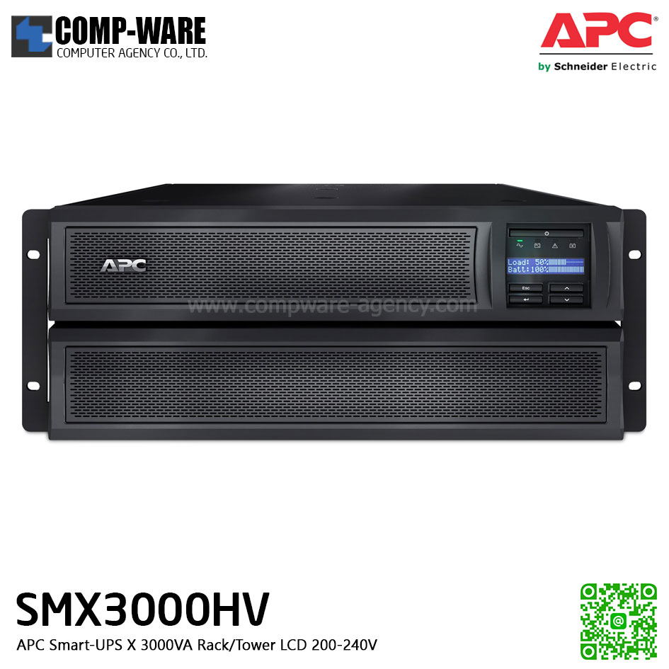 APC SMX Series Smart-UPS X 3000VA Short Depth Tower/Rack Convertible,LCD ,200-240V , SmartSlot สำหรับใส่ network card (ต้องซื้อเพิ่มเป็น option), รองรับbattery pack สูงสุด 10 pack APC-SMX3000HV