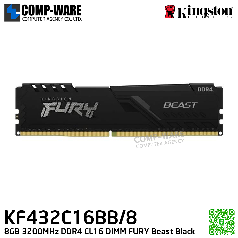 Kingston KF432C16BB/8 8GB 3200MHz DDR4 CL16 DIMM FURY Beast Black - Lifetime Warranty - Memory Module - RAM