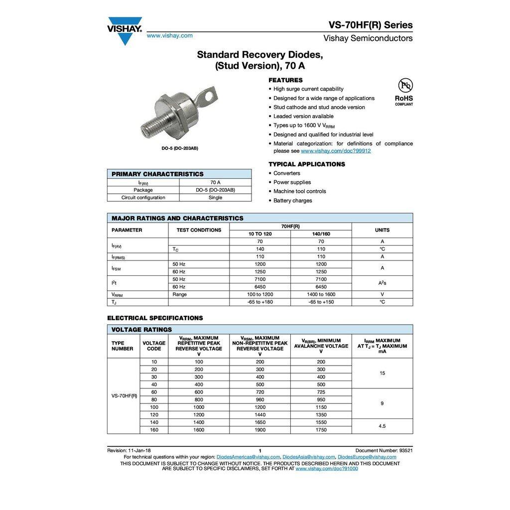 DIODE STANDARD ไดโอด 70A,600V | 70HFR60 Vishay Semiconductors | IR70HFR60