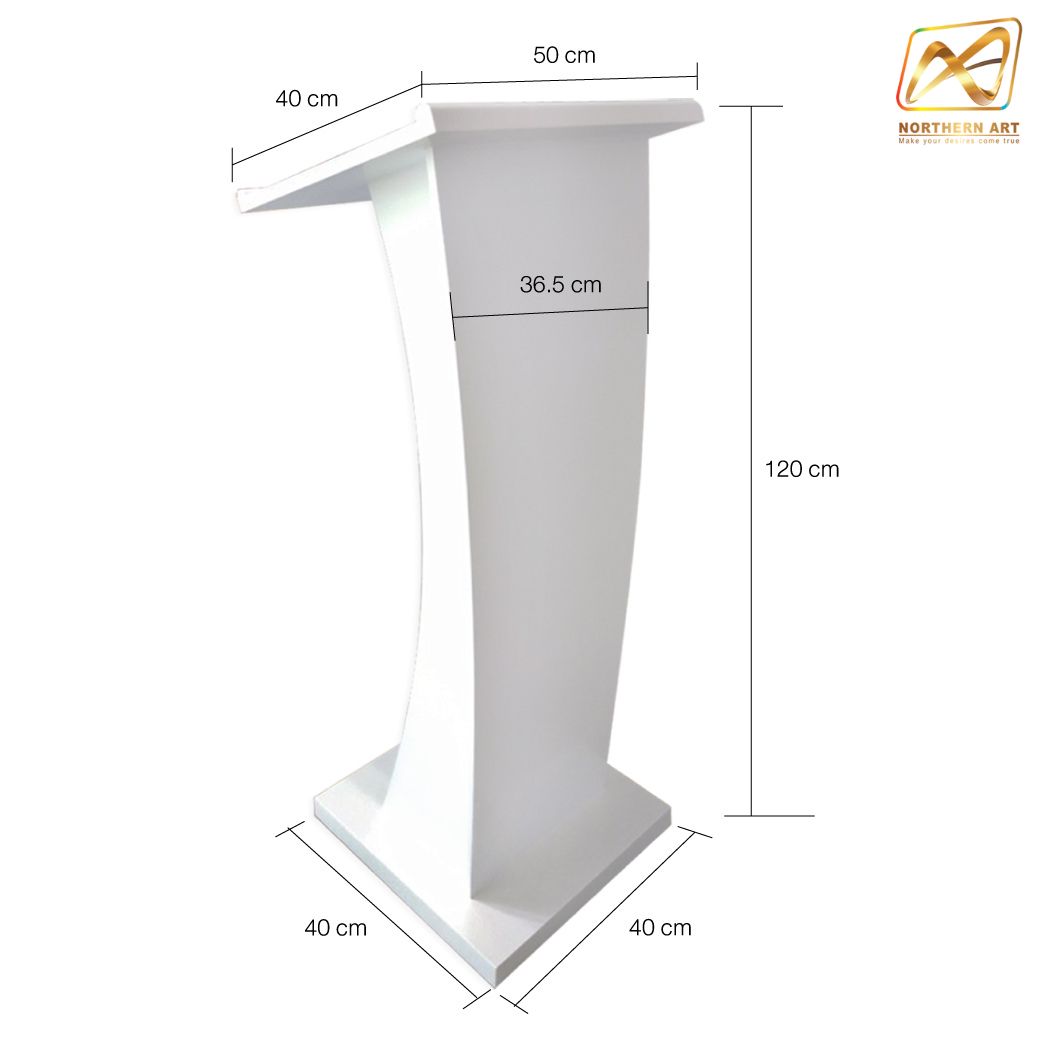 โพเดียมไม้ สีขาว ทรงโค้ง ขนาด (W) 50 x (L) 40 x (H) 120 cm. สไตล์โมเดิร์น พร้อมชั้นวางของ