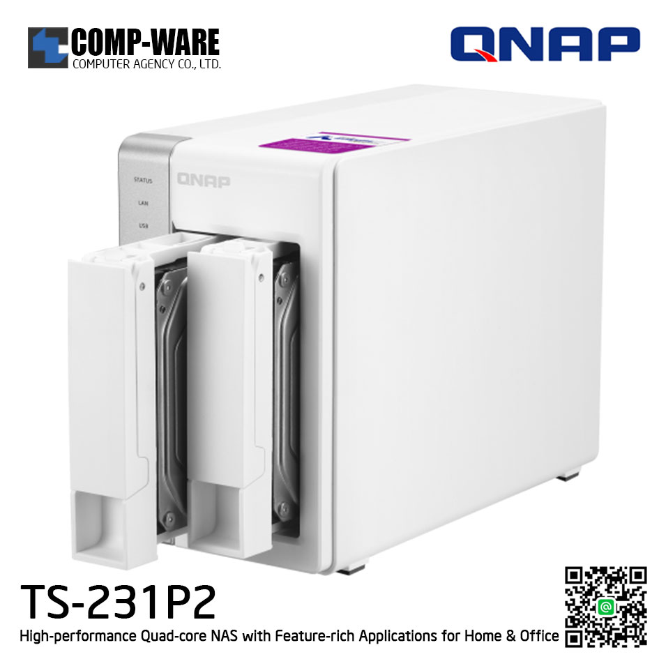 QNAP NAS (2-Bay) TS-231P2 (4GB RAM) High-performance Quad-core NAS with Feature-rich Applications for Home & Office