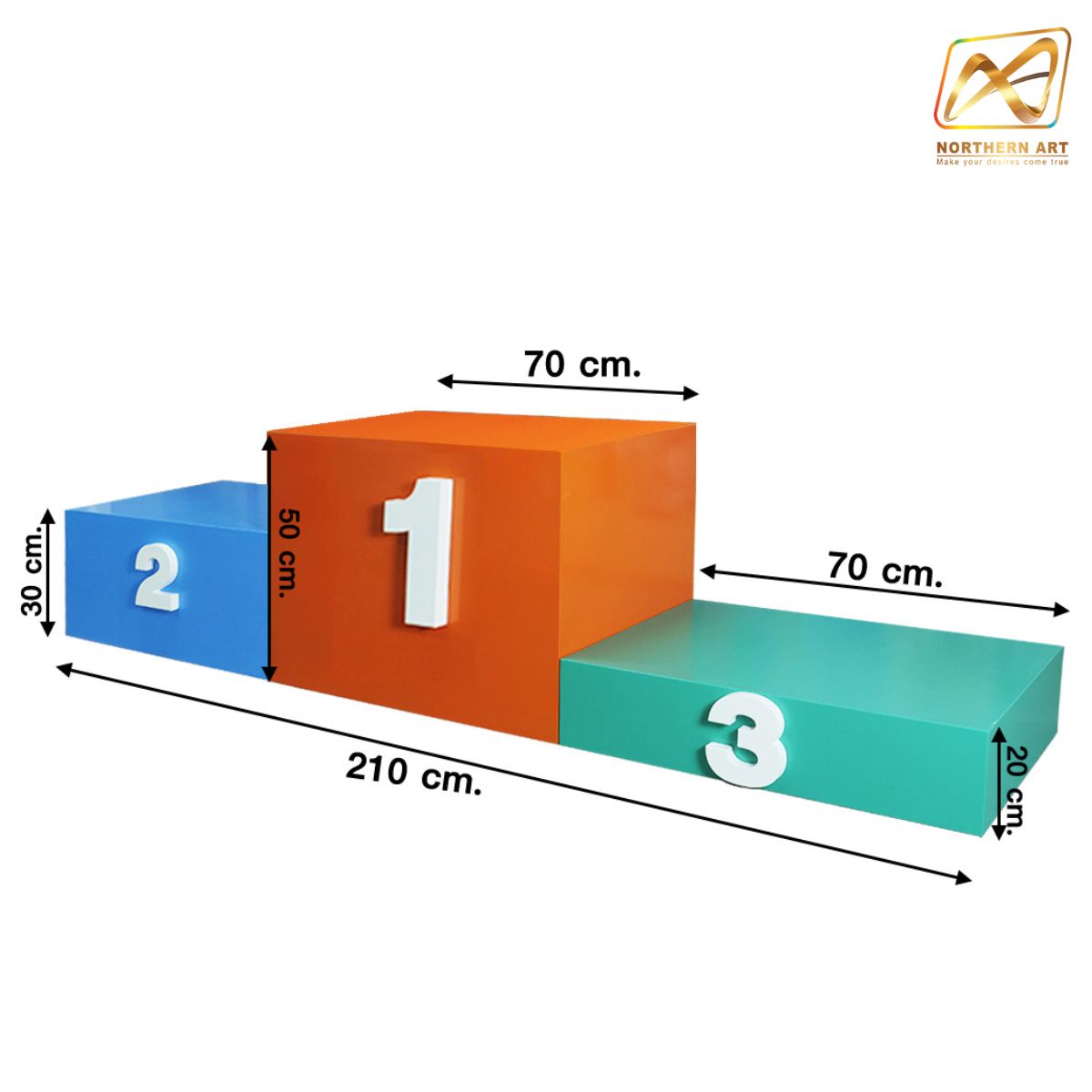 แท่นยืนรับรางวัล 1-2-3 ขนาด (W)210 x (D)50 x (H)50 cm. โครงเหล็ก ทำสีฟ้า พร้อมตัวเลข 1-2-3 (สั่งทำสีตามความต้องการได้)