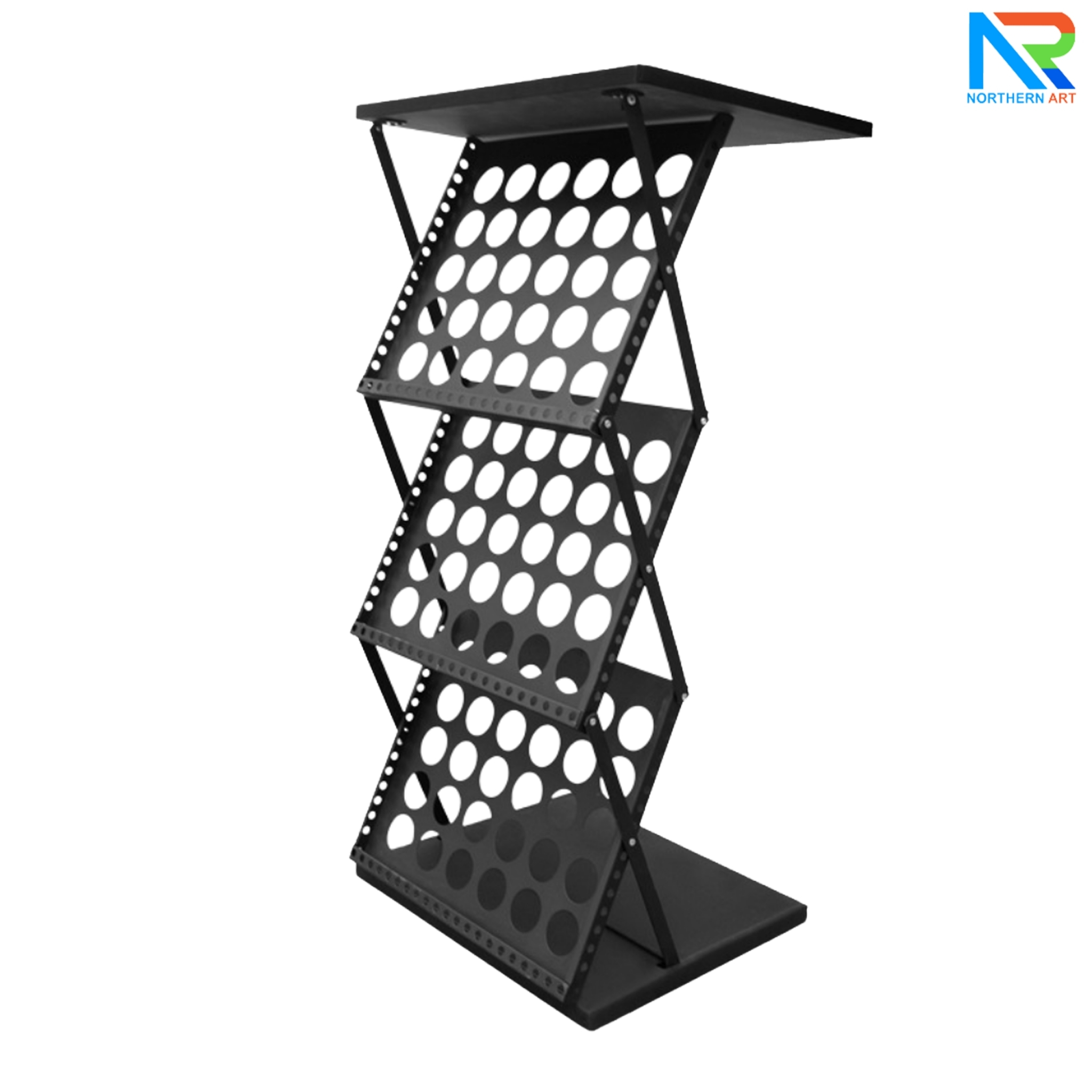 ชั้นวางโบรชัวร์เหล็กพร้อมTOPไม้สีดำ พับเก็บได้ ช่องใส่โบชัวร์ ขนาด A3 มี 3 ช่อง