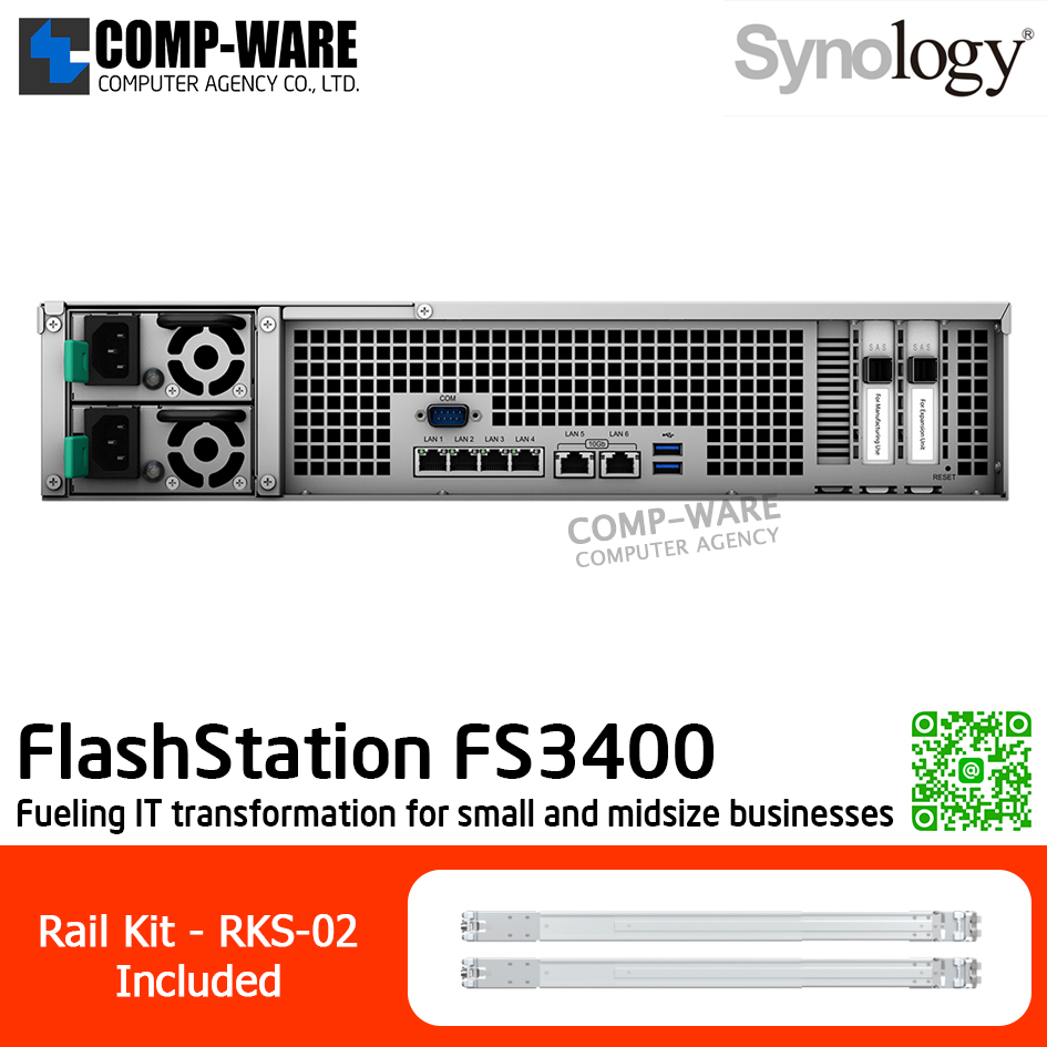 Synology FlashStation (2U 24-Bay 2.5'' SAS/SATA All-flash storage) FS3400 / Intel Xeon D-1541 / 16GB DDR4 RDIMM (Max. 128GB) / 4x1GbE Base T, 2x10GbE Base T / Redundant Power / Rail kit RKS-02 / No HDD / 5Y Warranty