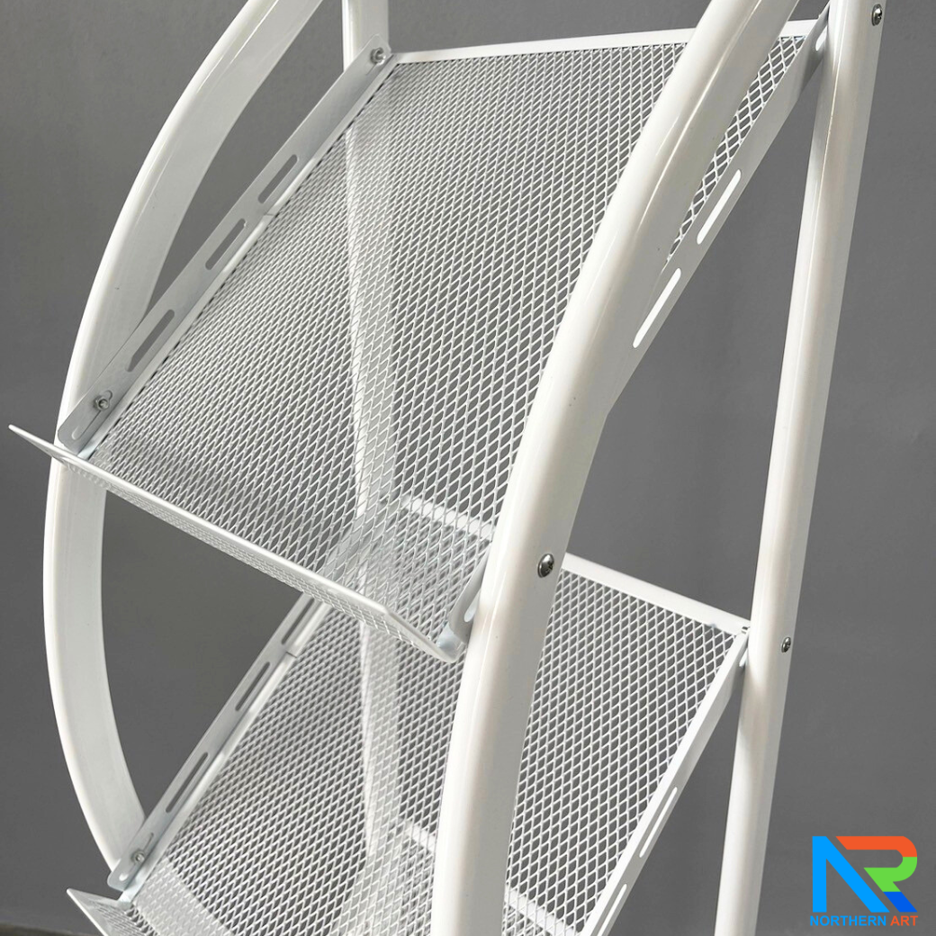 ชั้นวางโบรชัวร์เหล็กA4 สีขาว 4 ชั้น ทรง S ขนาด (W)31.5 X (L)31 X (H)149 cm. ถอดประกอบได้