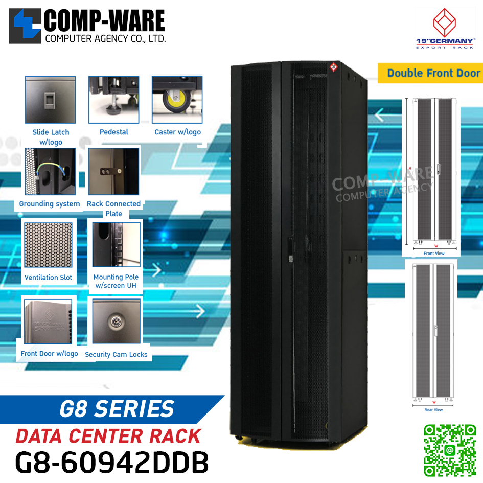 19" GERMAN G8-60942DDB DATA CENTER RACK 42U, ลึก 90cm. Black (60cm*90cm*205cm) รุ่น G8 Series Double Front Curve Perforate Door // ตู้เปล่าเท่านั้นไม่มีอุปกรณ์เสริม