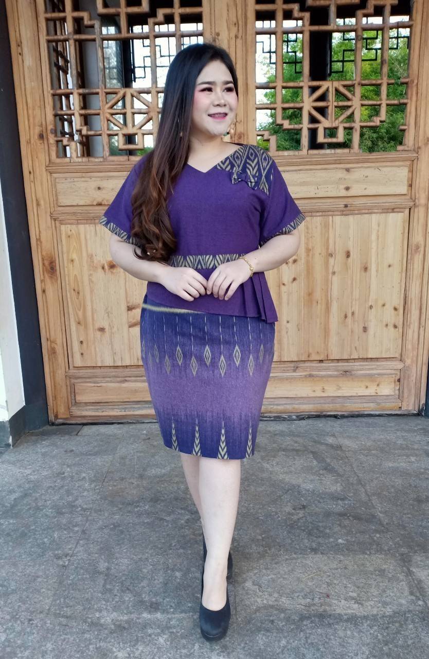 NNandNN Shop 1 0018 เดรสผ้าหมี่พิมพ์ลาย ม่วง หลายขนาด