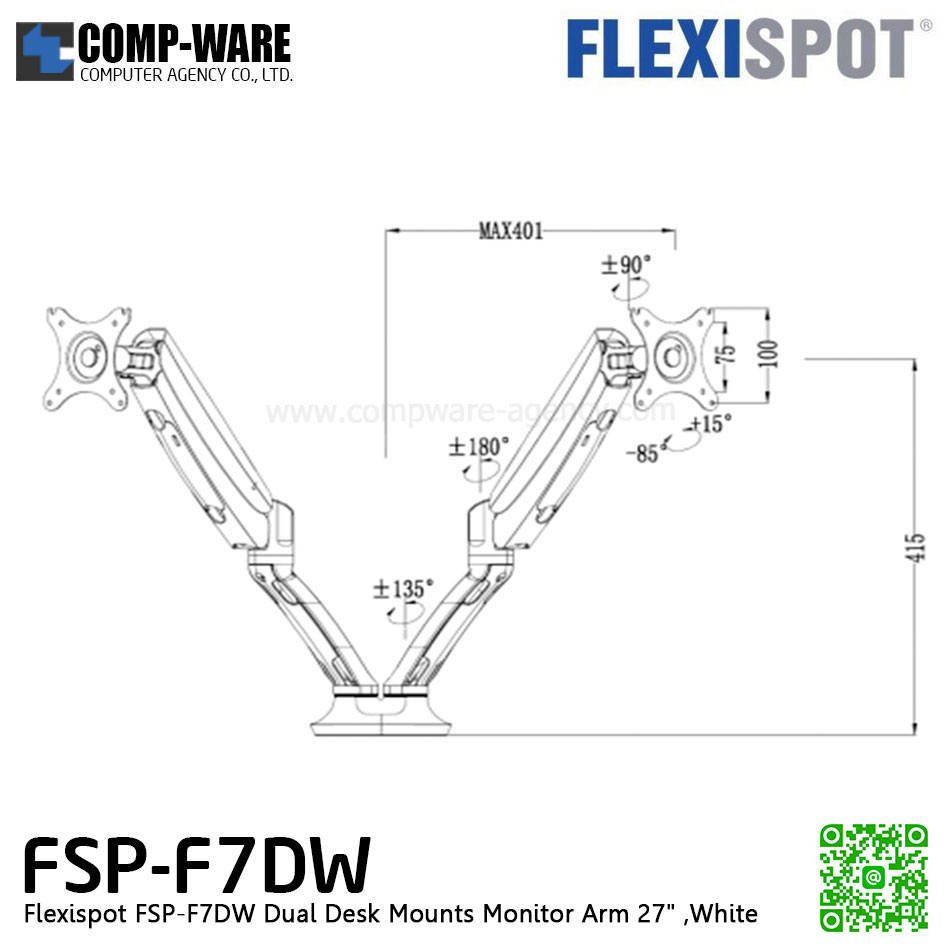 Flexispot FSP-F7DW Dual Desk Mounts Monitor Arm 27" ,White