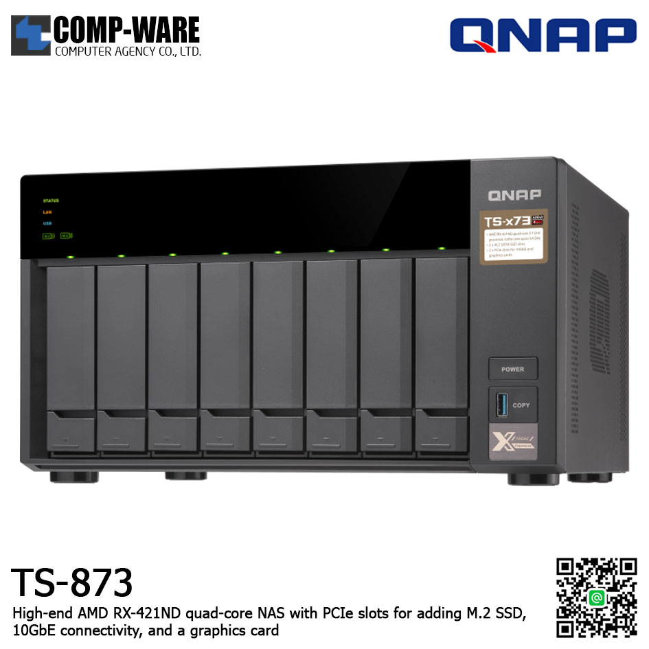 QNAP NAS (8-Bay) TS-873 (8GB RAM up to 64GB) AMD R-Series RX-421ND quad-core M.2 Dual-Slot Support, No HDD