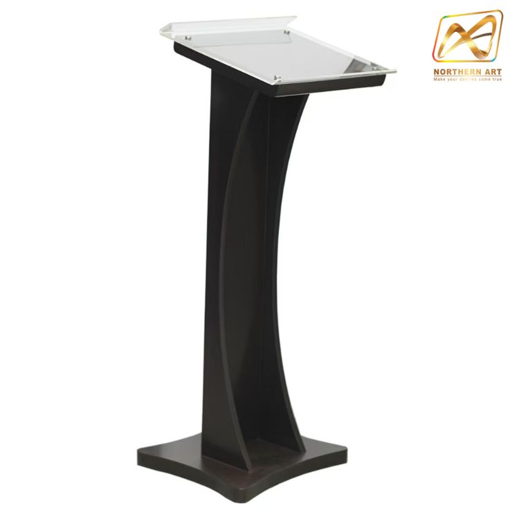 โพเดียมไม้ สีดำ ขนาด (W) 48 x (L) 40 x (H) 120 cm. Top เอียง ปิดทับอะคริลิคใสพร้อมหมุด