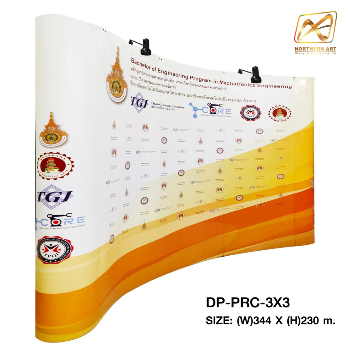 BACK DROP ฉากแบคดรอป รุ่นมน แบบโค้ง โครงอะลูมิเนียม ถอดประกอบได้ พร้อมงานพิมพ์ +โคมไฟ 2 ชุด และกระเป๋าล้อลาก 1 ใบ