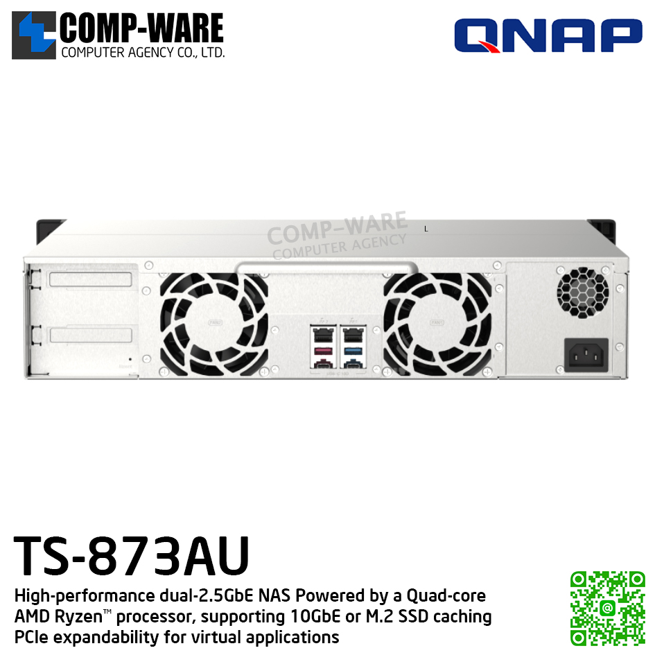 QNAP (2U 8-Bay) TS-873AU-4G / AMD Ryzen V1500B (4C/8T) / 4GB (1 x 4GB) DDR4 / 8 x 2.5"/3.5" SATA 6Gbps / 2 x 2.5GbE / 250W PSU / 3Y Warranty , No HDD , No Rail kit