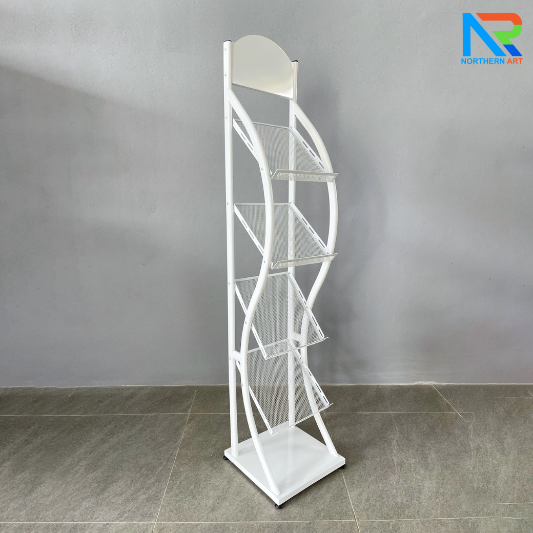 ชั้นวางโบรชัวร์เหล็กA4 สีขาว 4 ชั้น ทรง S ขนาด (W)31.5 X (L)31 X (H)149 cm. ถอดประกอบได้