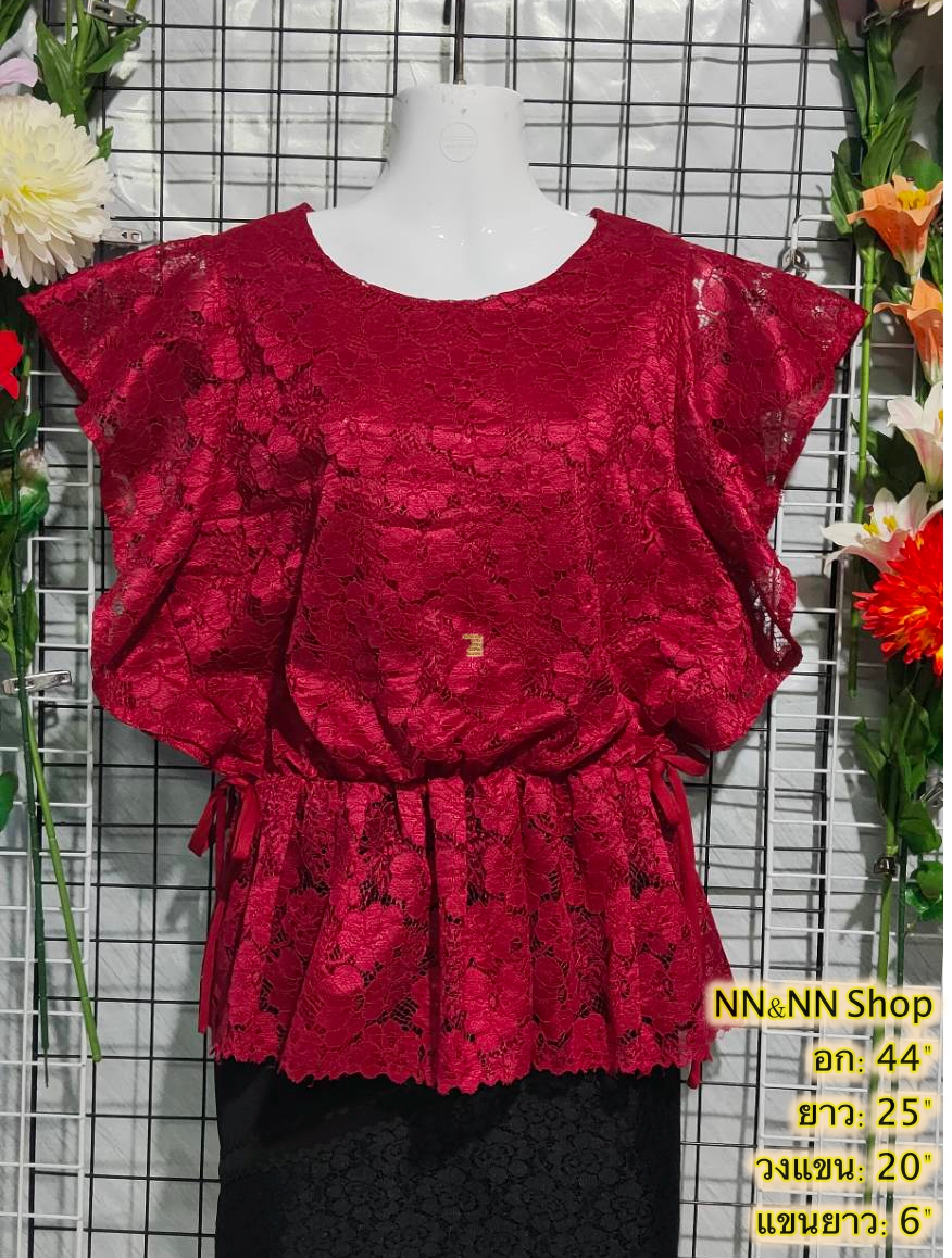 NNandNN Shop 3 0011 เสื้อลูกไม้เอวจั๊บผูกโบว์ หลายสี 44"