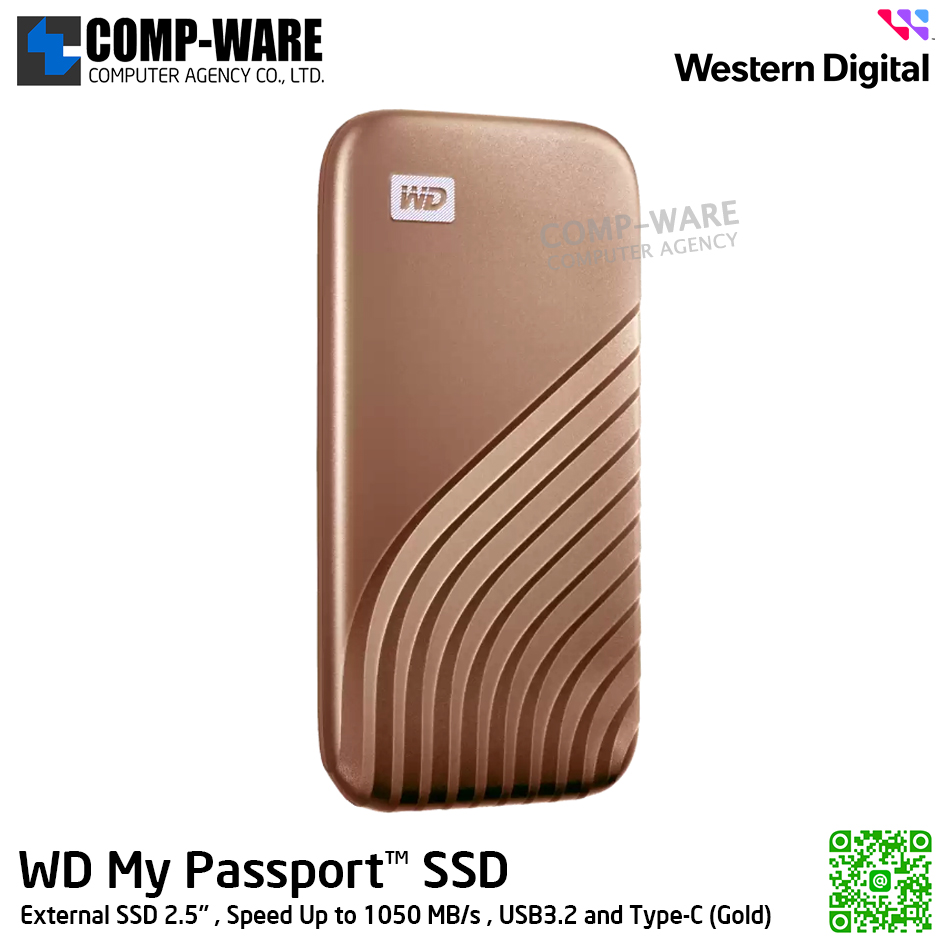 WD 1TB My Passport SSD External SSD 2.5" , Speed Up to 1050 MB/s , USB3.2 and Type-C (Gold) WDBAGF0010BGD-WESN รับประกัน 3 ปี