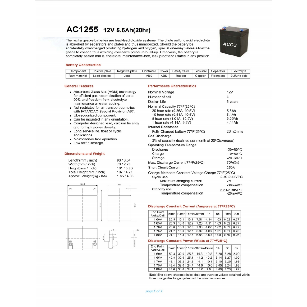 ACCU แบตเตอรี่แห้ง สำรองไฟ | 99-01-0215 | AC-1255 (12V5.5A) | ACCU Battery | แบต UPS/ไฟฉุกเฉิน/ระบบเตือนภัย