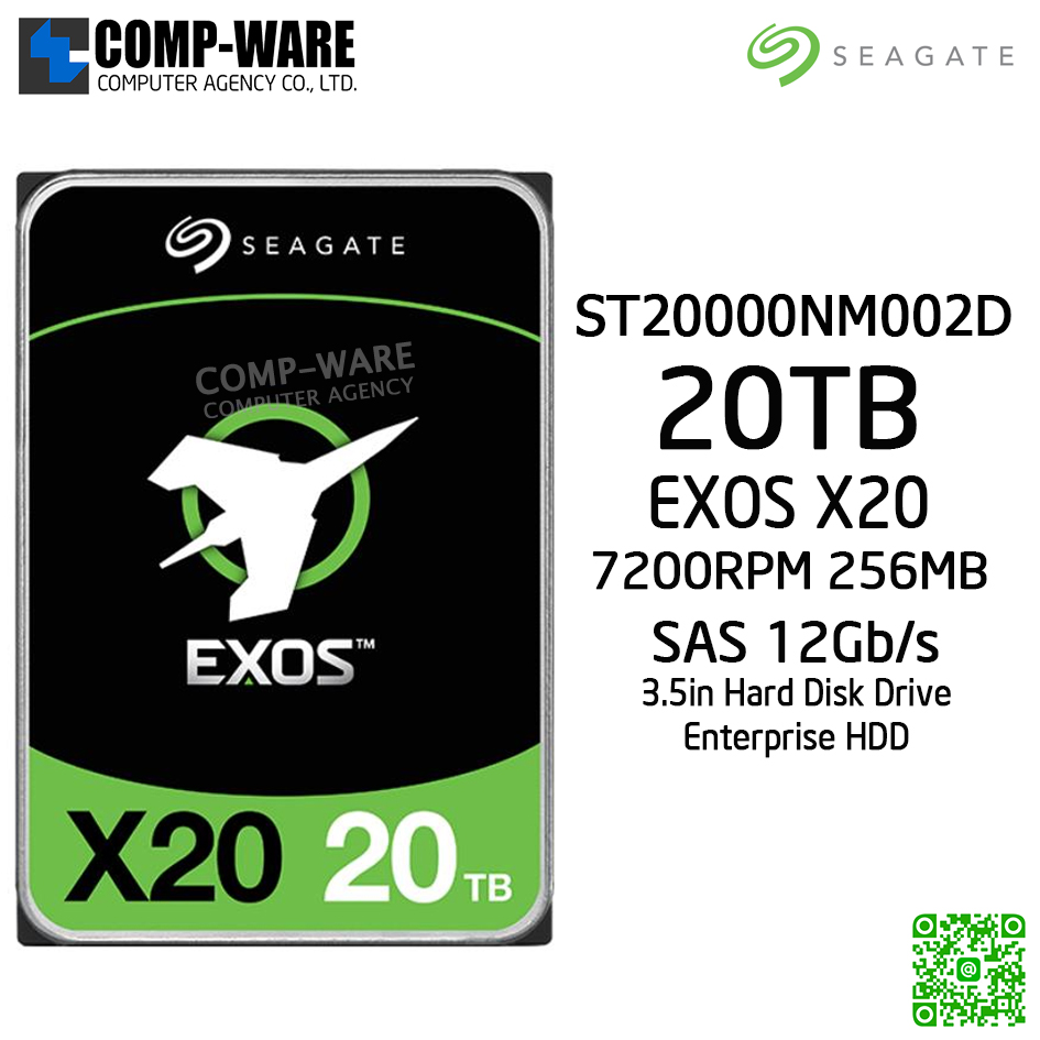 Seagate Exos X20 20TB 7200RPM 256MB SAS 12Gb/s 512E/4KN 3.5-Inch Enterprise Class Internal Drive ST20000NM002D - 5Y Warranty ** กรณีสินค้าหมด สั่งซื้อใหม่ขั้นต่ำ 20 ลูกขึ้นไป **