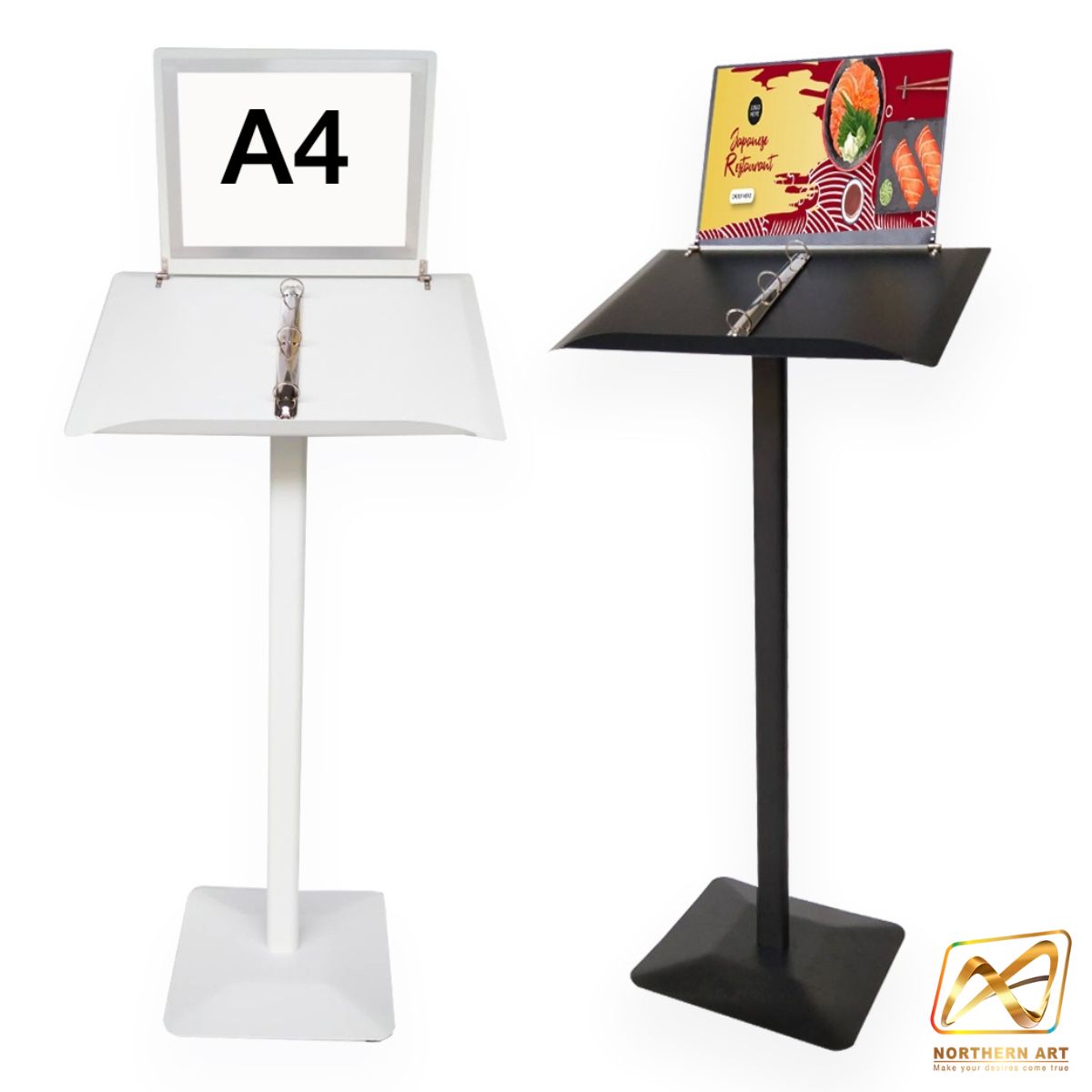 CLEARANCE SALE! เมนูสแตนด์เหล็ก ขนาด A3 พร้อมป้ายโปสเตอร์ด้านบนขนาดA4 พร้อมสันห่วงสแตนเลส (ถอดออกได้) มี2สี สีขาว และสีดำ