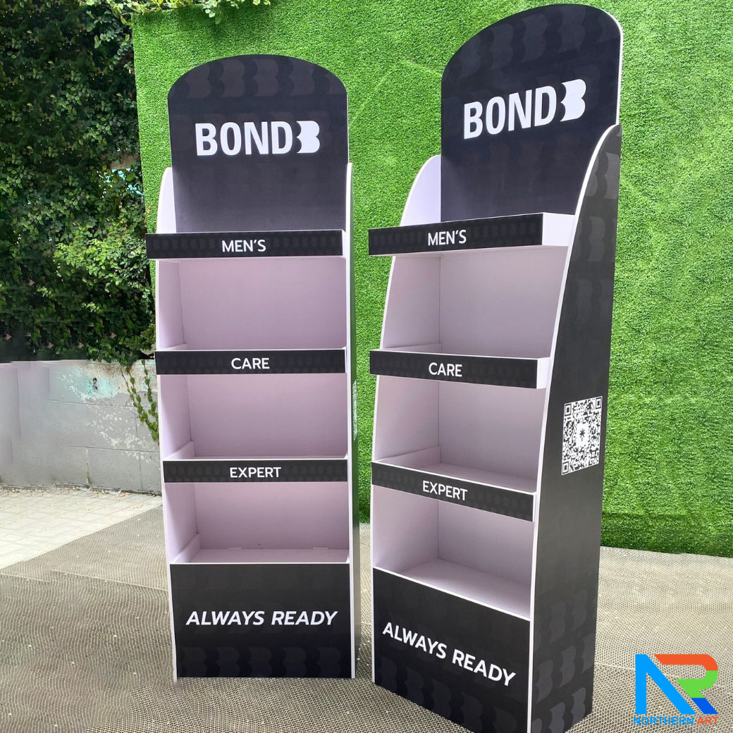 ชั้นวางสินค้าพลาสวูด 4 ชั้น ขนาด (W)44 x (D)25 x (H)150 ซม. พร้อมงานพิมพ์ พลาสวูดหนา 8 มม.