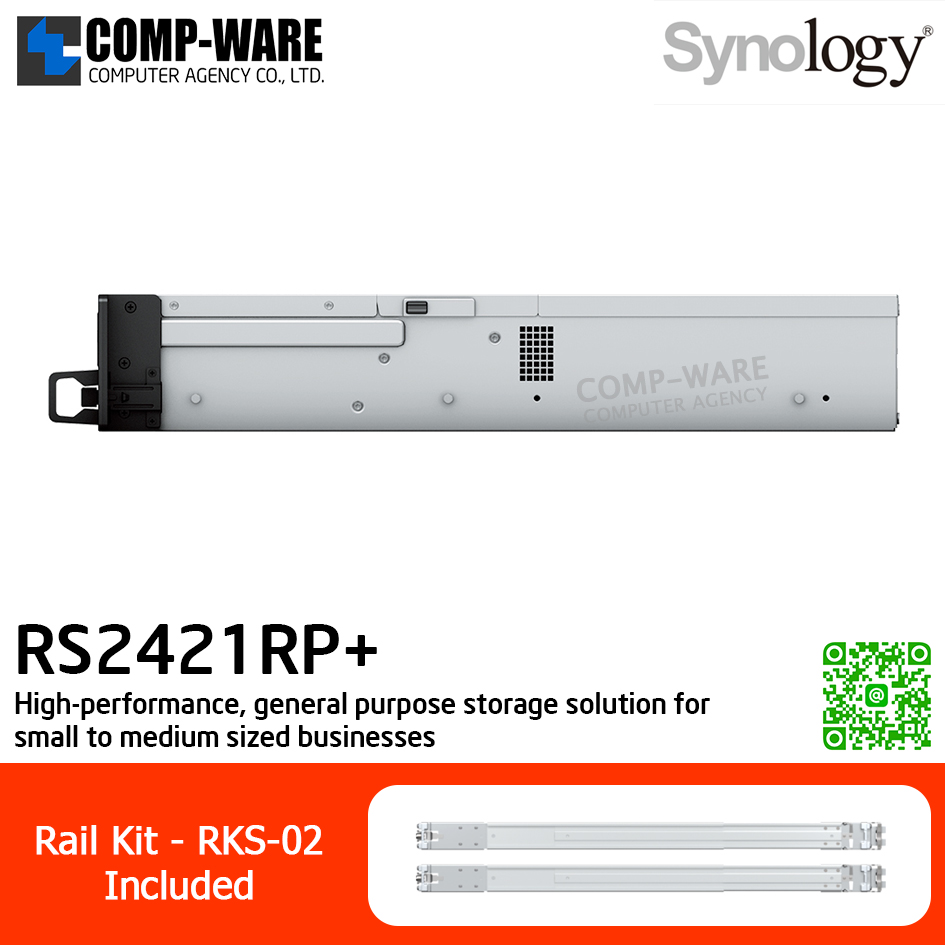 Synology RackStation (2U 12-Bay) RS2421RP+ / AMD Ryzen V1500B / 4GB DDR4 ECC (Max. 32GB) / 4x1GbE Base T, 25GbE/ 10GbE NIC & M.2 SATA SSD (Optional) / Redundant Power / Rail kit RKS-02 / No HDD / 3Y Warranty