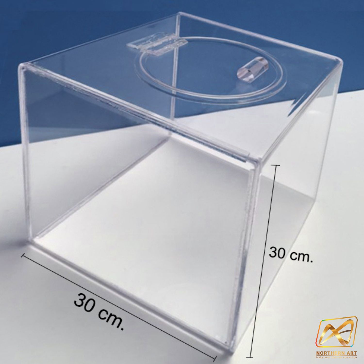 กล่องจับรางวัล กล่องอะคริลิคใสจับรางวัล ขนาด 30x30 ซม. มีฝาปิดวงกลม